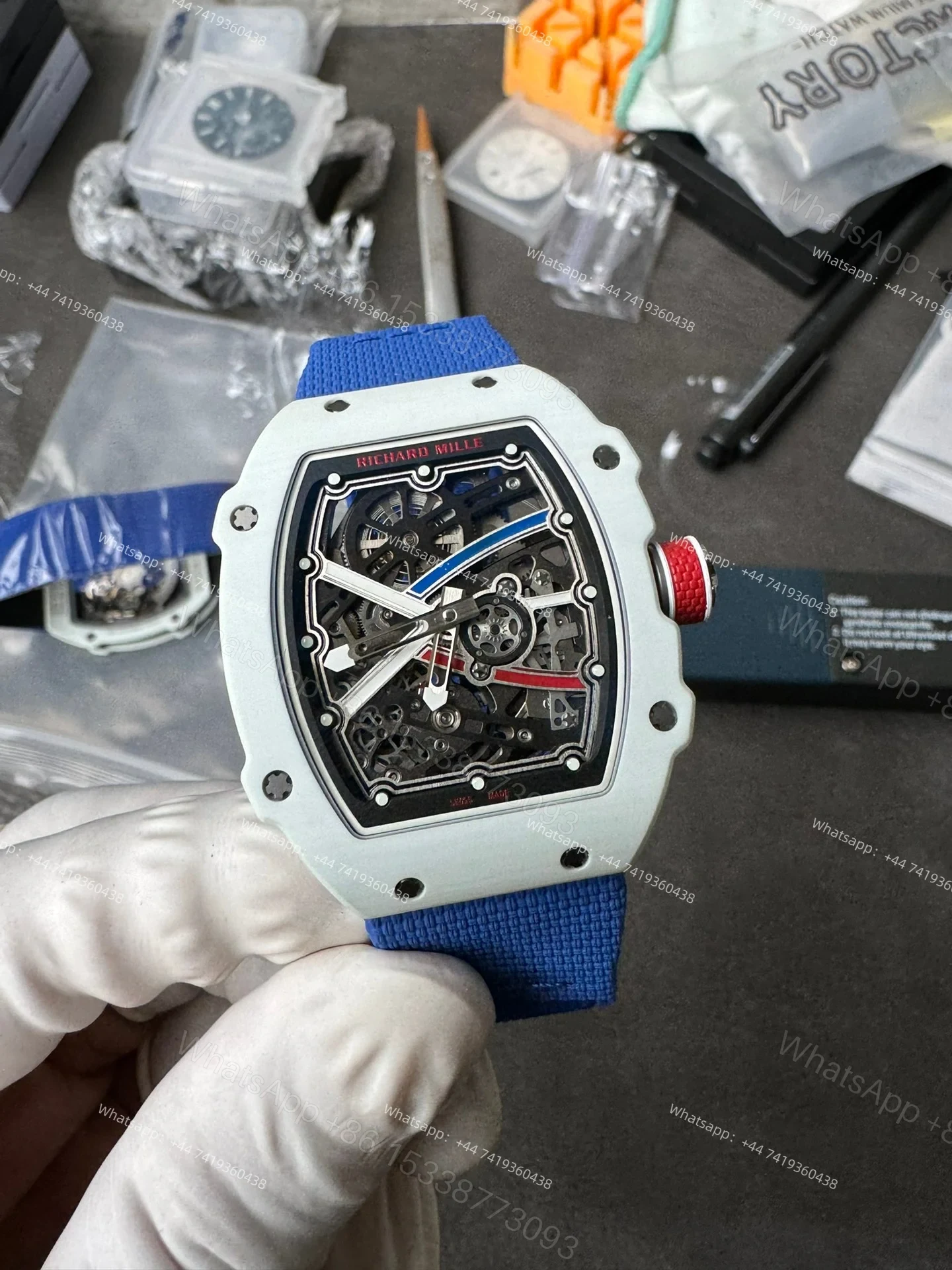 View 7 of Super Clone Richard Mille RM67-02 White Ceramic Skeleton Tourbillon 1:1 Replica Watch with Blue Strap