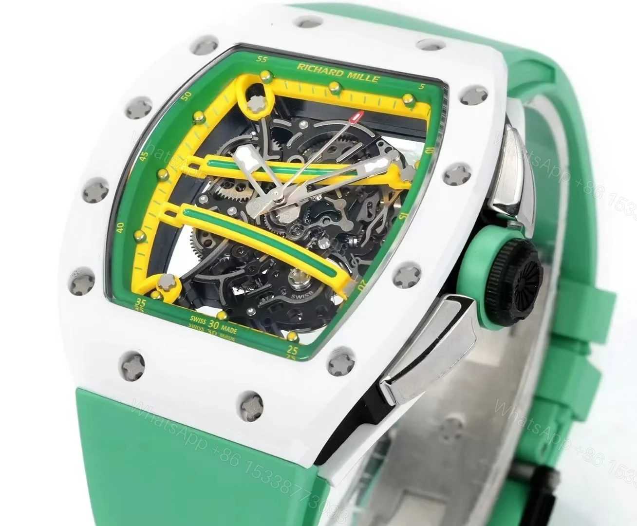 View 4 of Richard Mille RM61-01 Watch TZP-N Zirconia Ceramic NTPT Carbon Fiber Skeleton Dial RMUL2 Manual Winding Movement Yellow Green Suspended Bridge Luxury Sports Watch RM61-01-TZP-YGB-SK