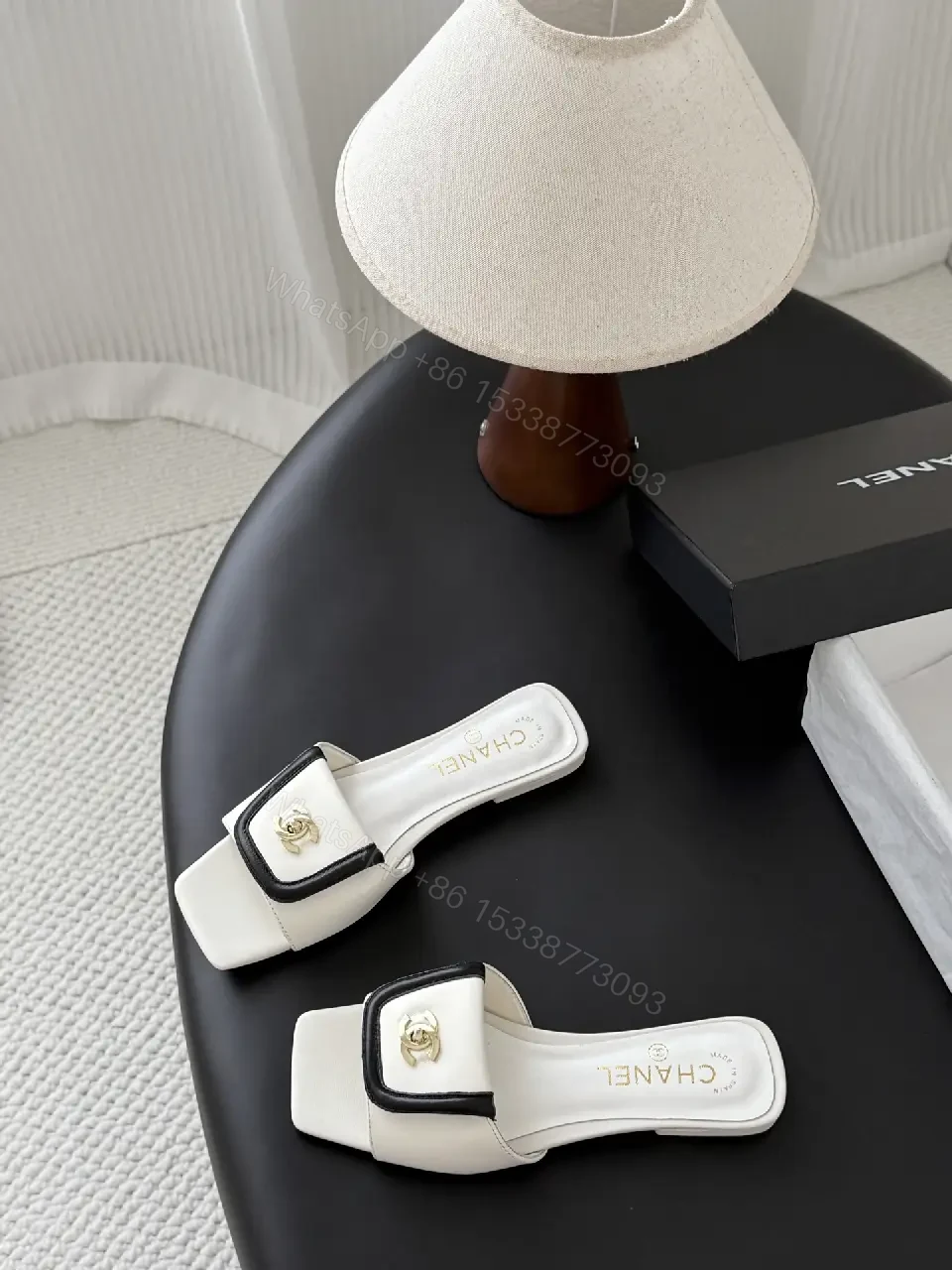 View 3 of White Leather Mules - Gold Logo Hardware, Open-Back Square Toe