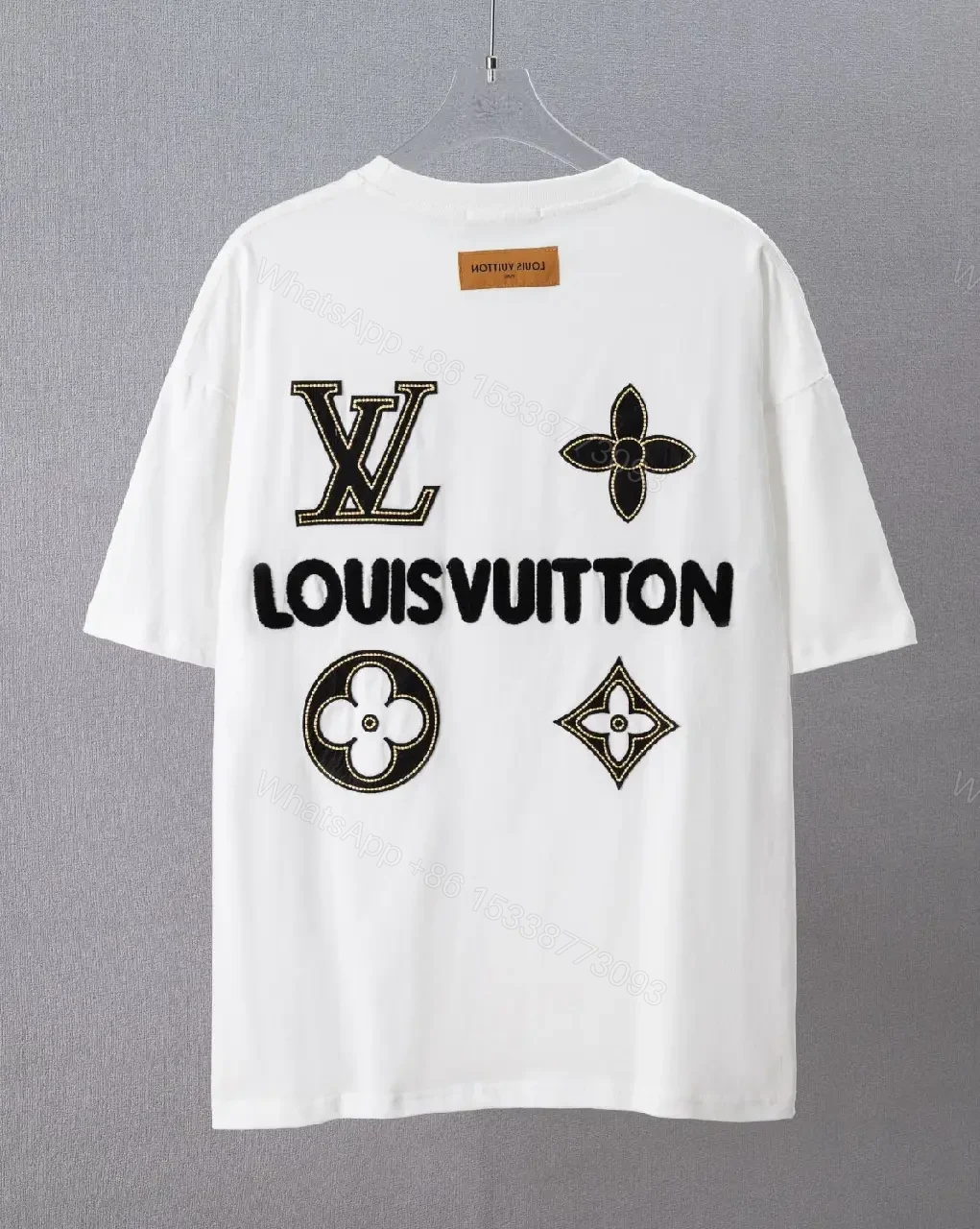 View 5 of White Cotton Relaxed-Fit T-Shirt with Black LV Logo Embroidery Crew Neck Short Sleeve