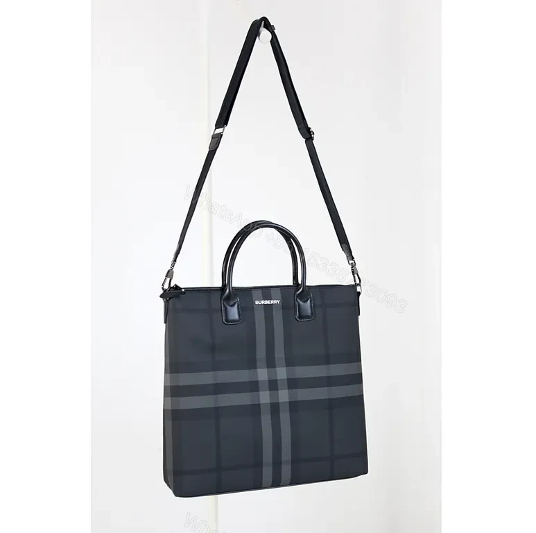 View 8 of Navy Burberry Check Tote: Leather-Trim Structured City Bag