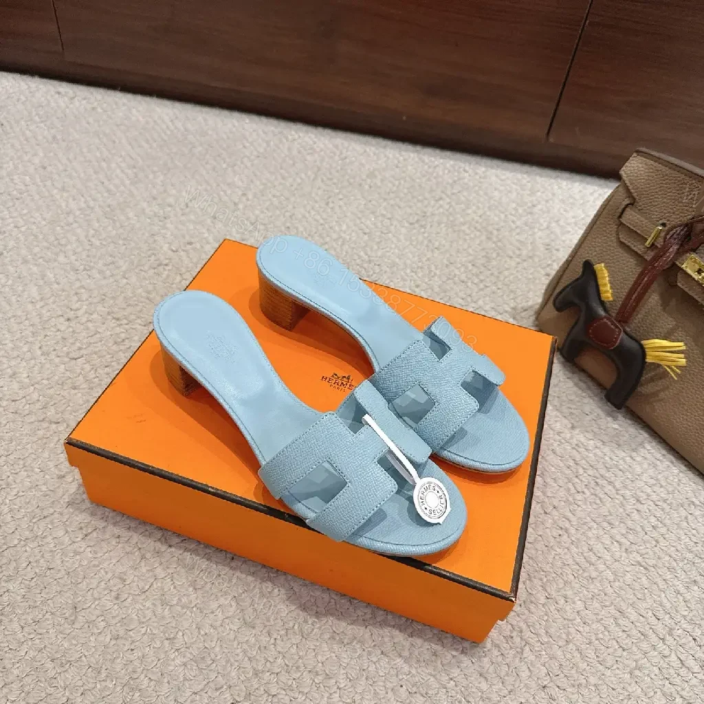 View 7 of Blue Leather Sandals Classic Hermes-Style Open-Toe Sliders