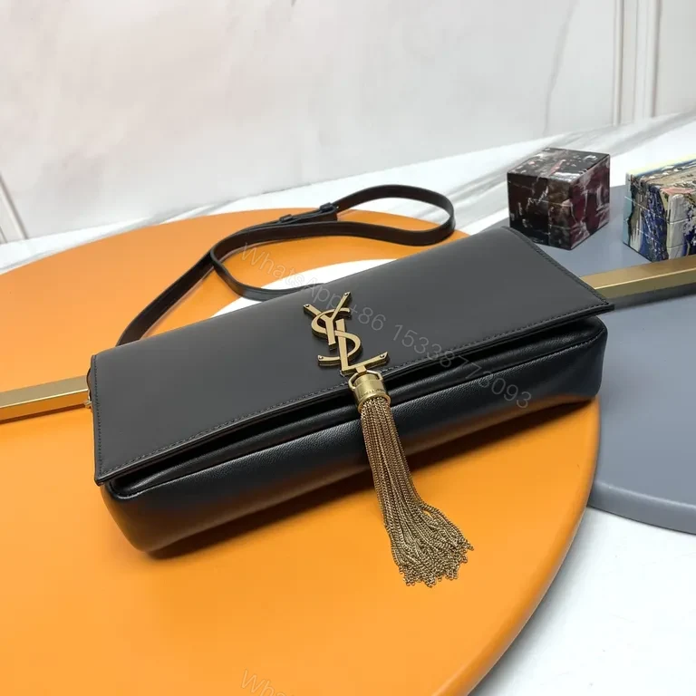 View 2 of Chic Black Leather YSL Tassel Shoulder Bag
