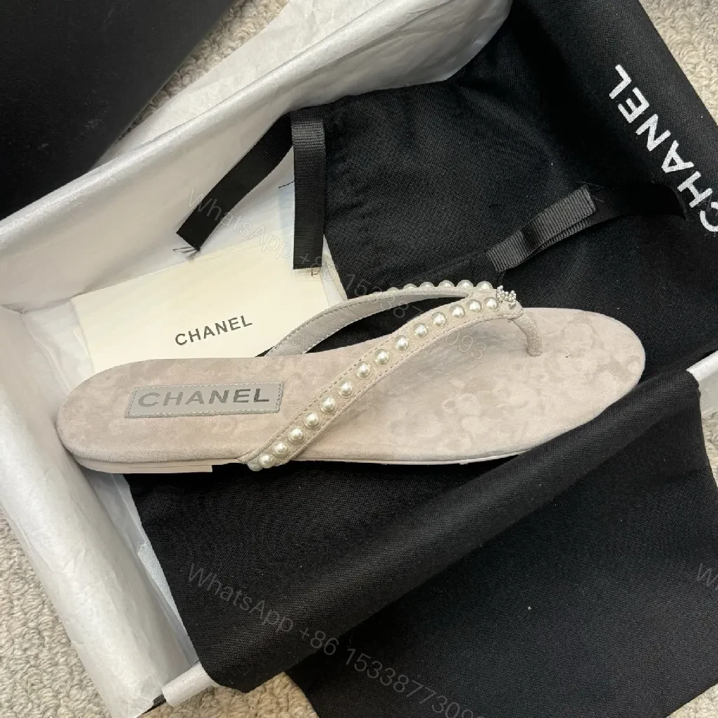 View 8 of Pearl-Embellished Suede-Texture Flip-Flops: Luxe Charm Sandals