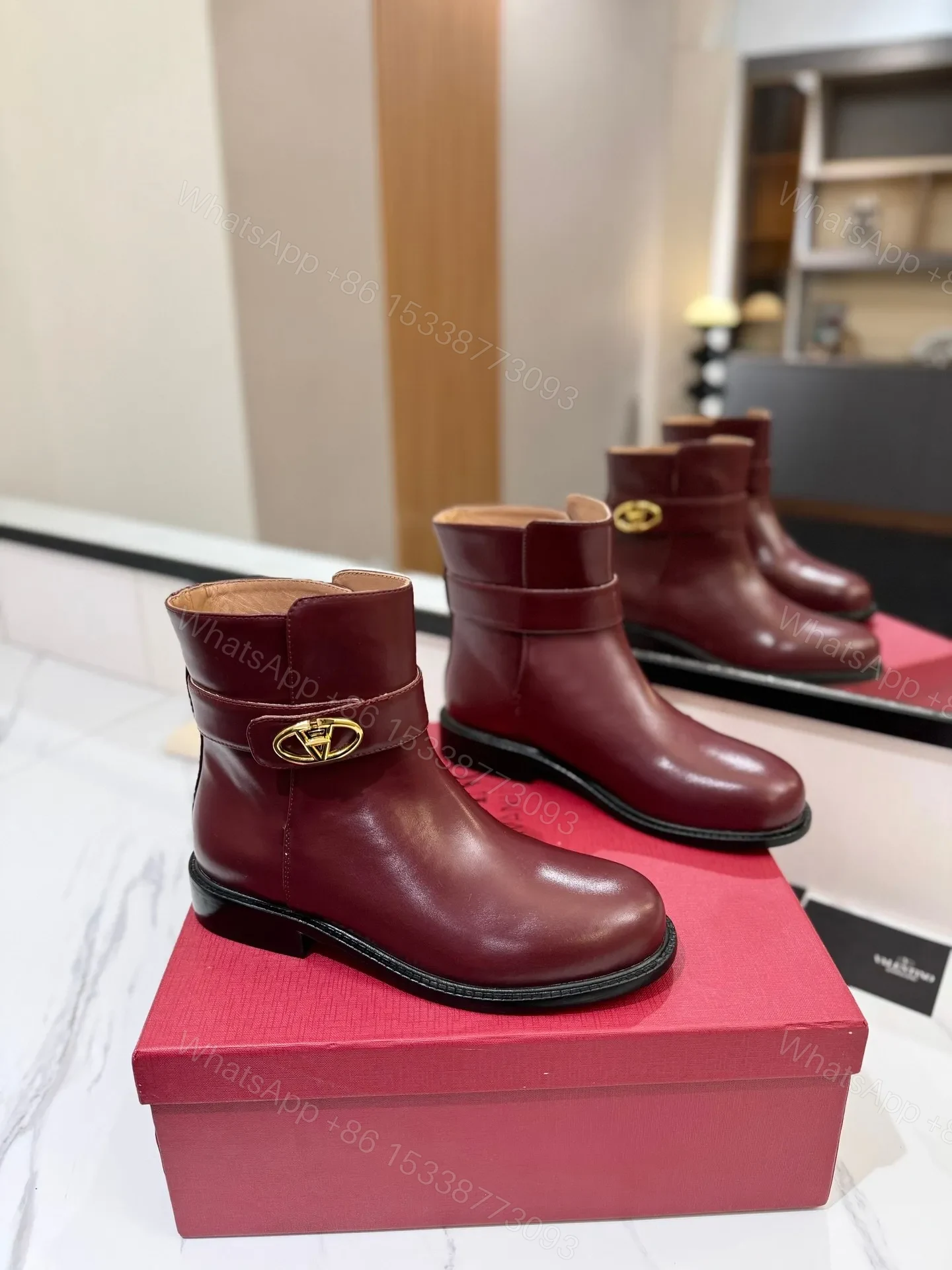 Valentino Women Burgundy Leather Ankle Boots — view 1
