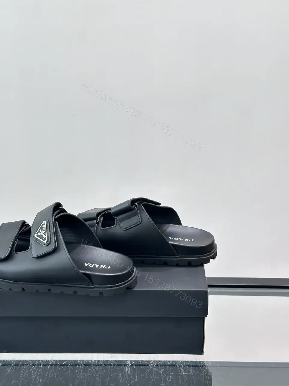 View 3 of Black Leather Sandals, Velcro Straps, Prada-Style Vintage Design Slippers