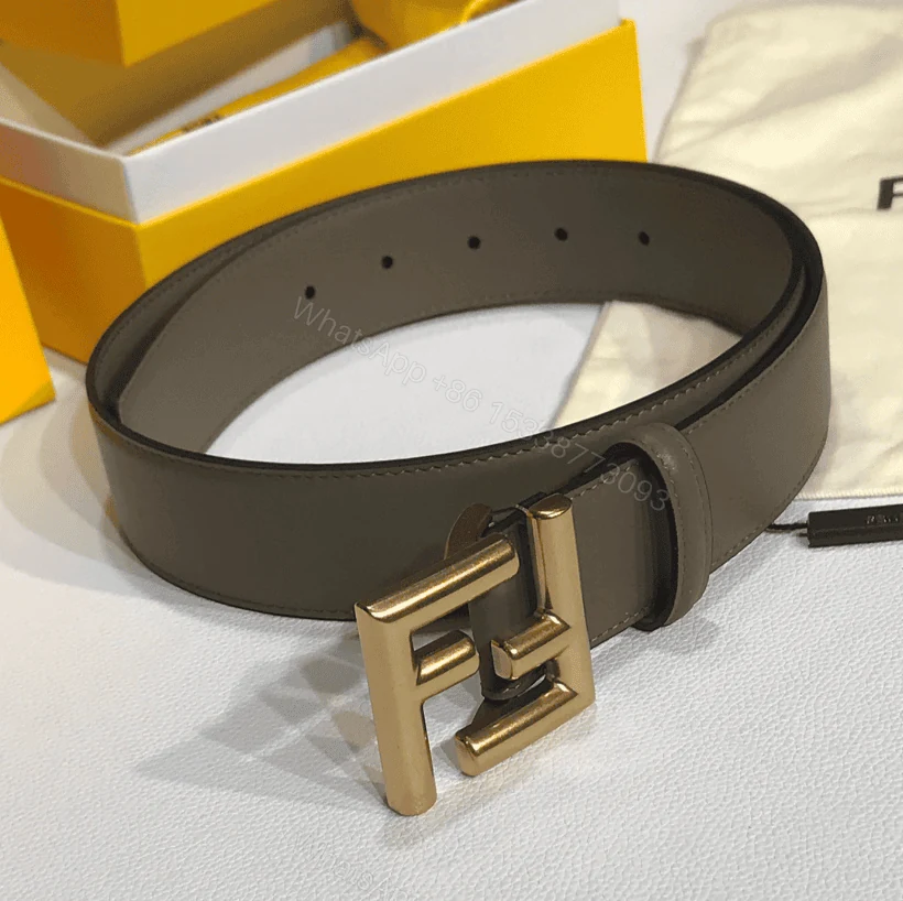 View 3 of FENDI GREY LEATHER BELT WITH FENDI GOLD BUCKLE 40MM
