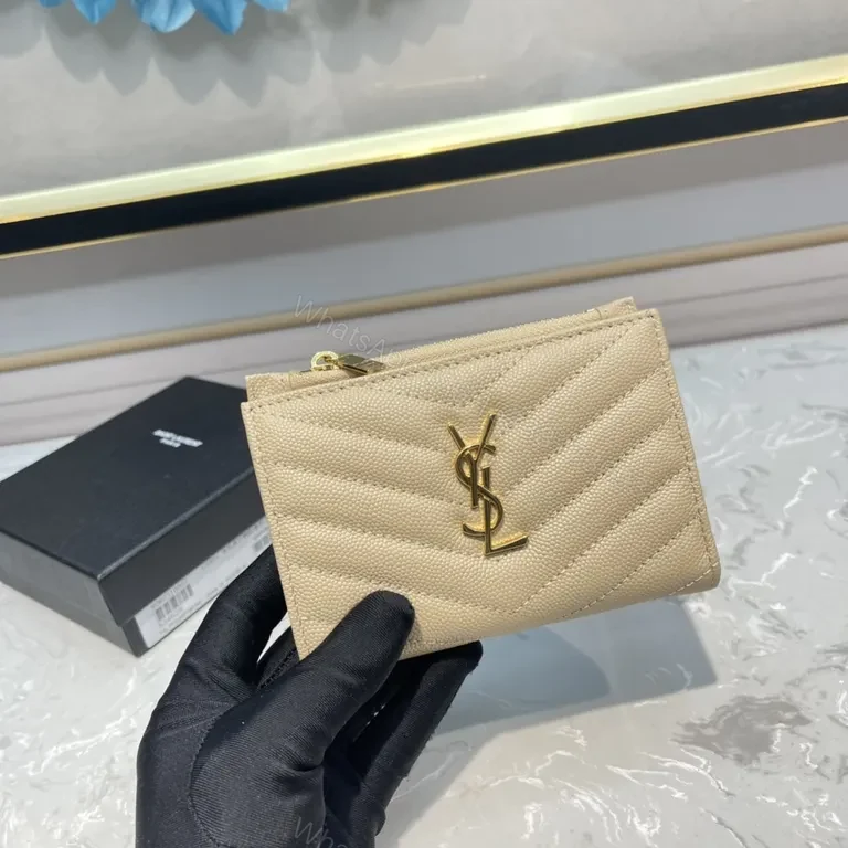 View 6 of Quilted Beige Wallet with Gold YSL Emblem - Luxury Compact Wallet