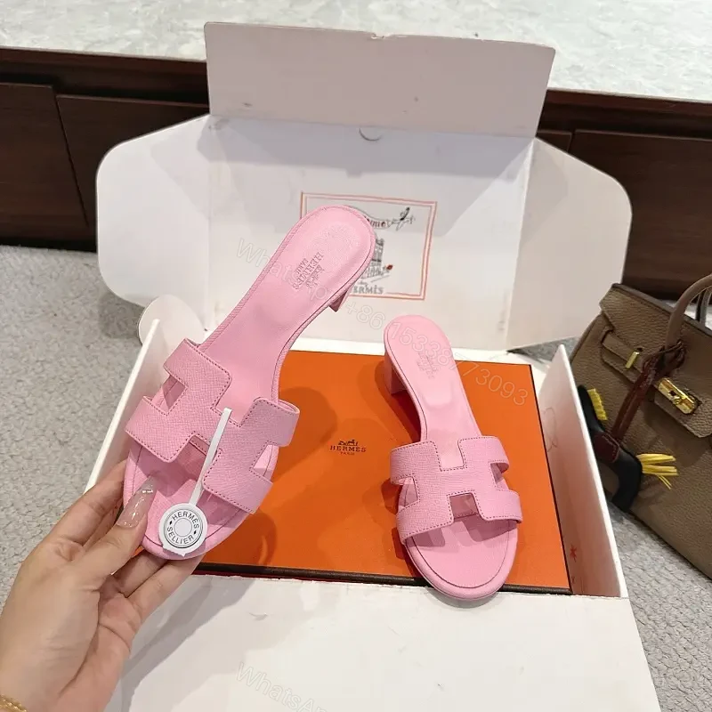 Pink Leather Hermès-Style Slide Sandals with H-Logo Strap — view 1