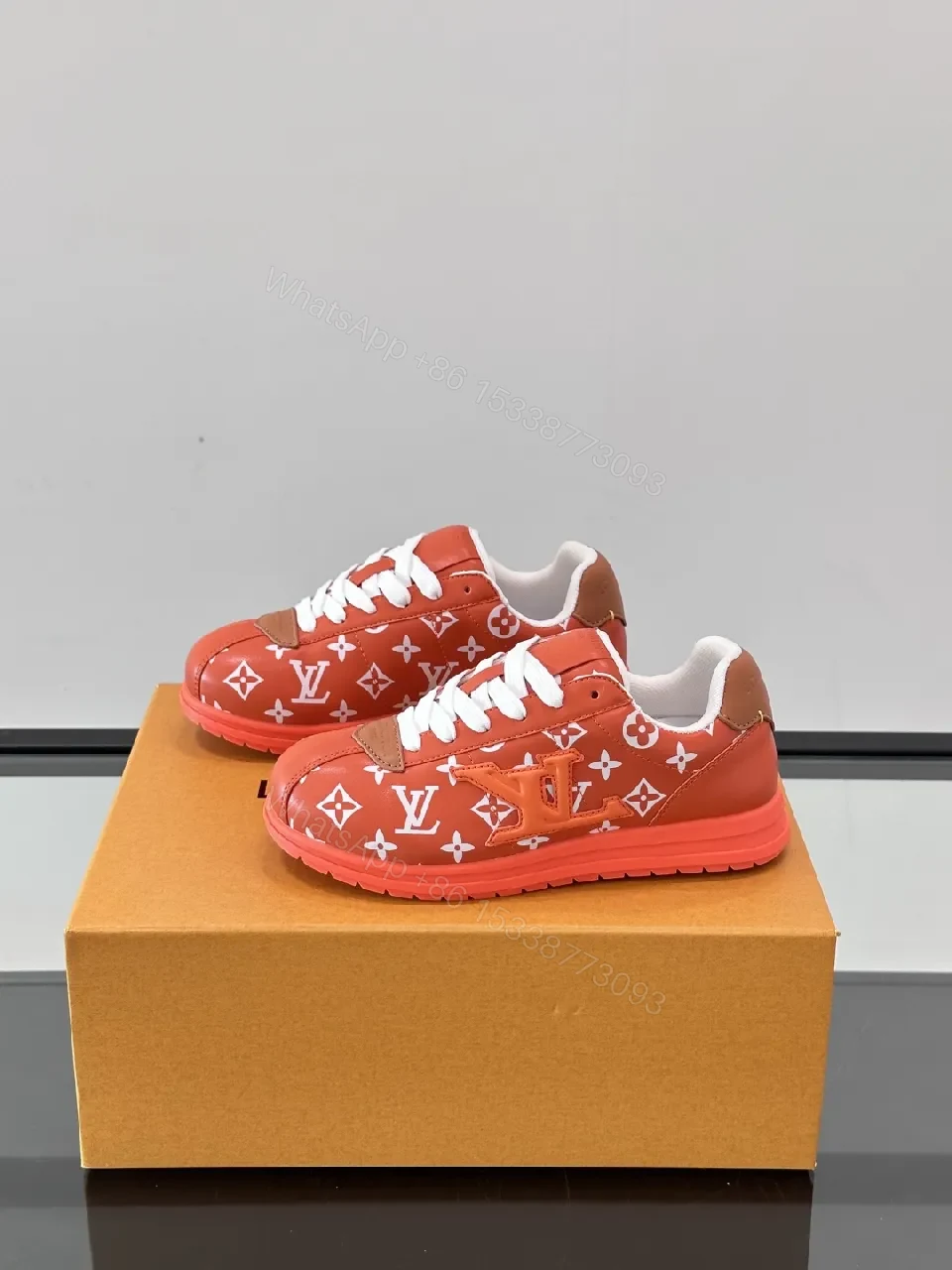 View 6 of Bold Orange-Red Monogram Sneaker: Luxe Designer-Inspired High-Tops