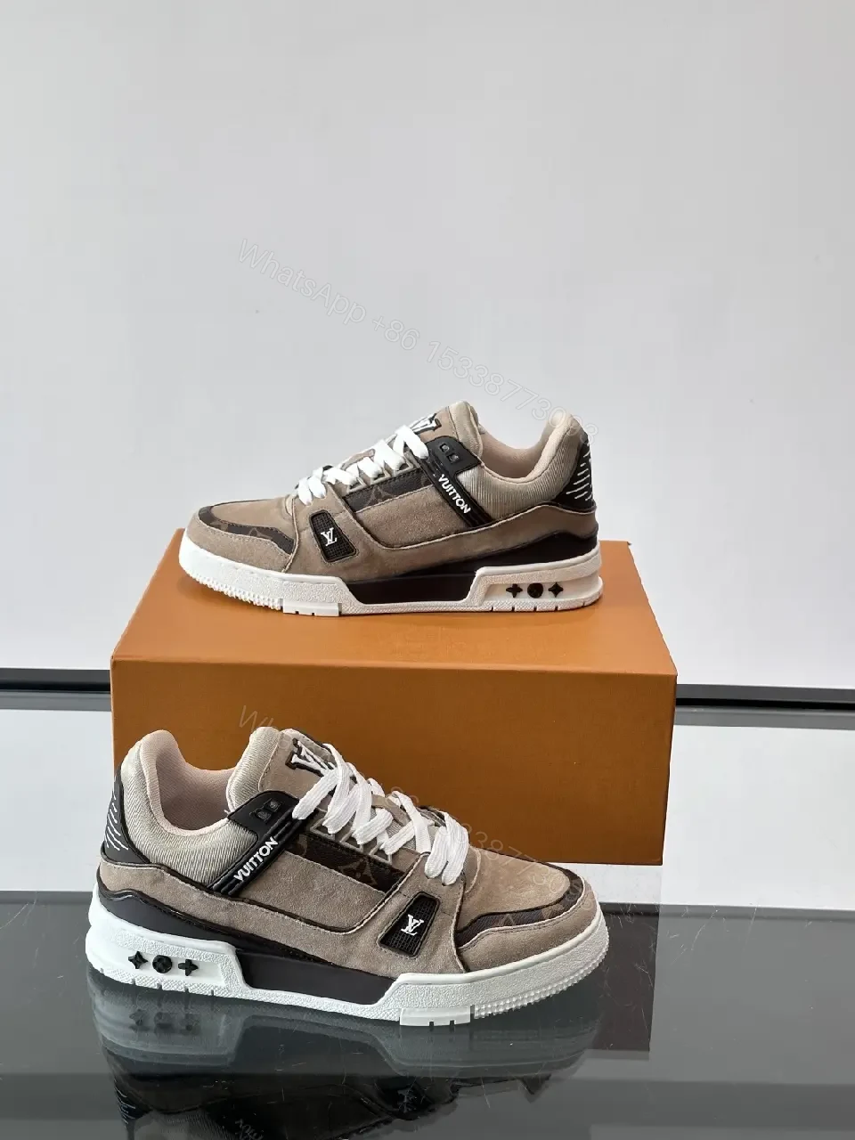 View 10 of Beige Suede Fabric Style Trainer Louis Vuitton Inspired Sneakers