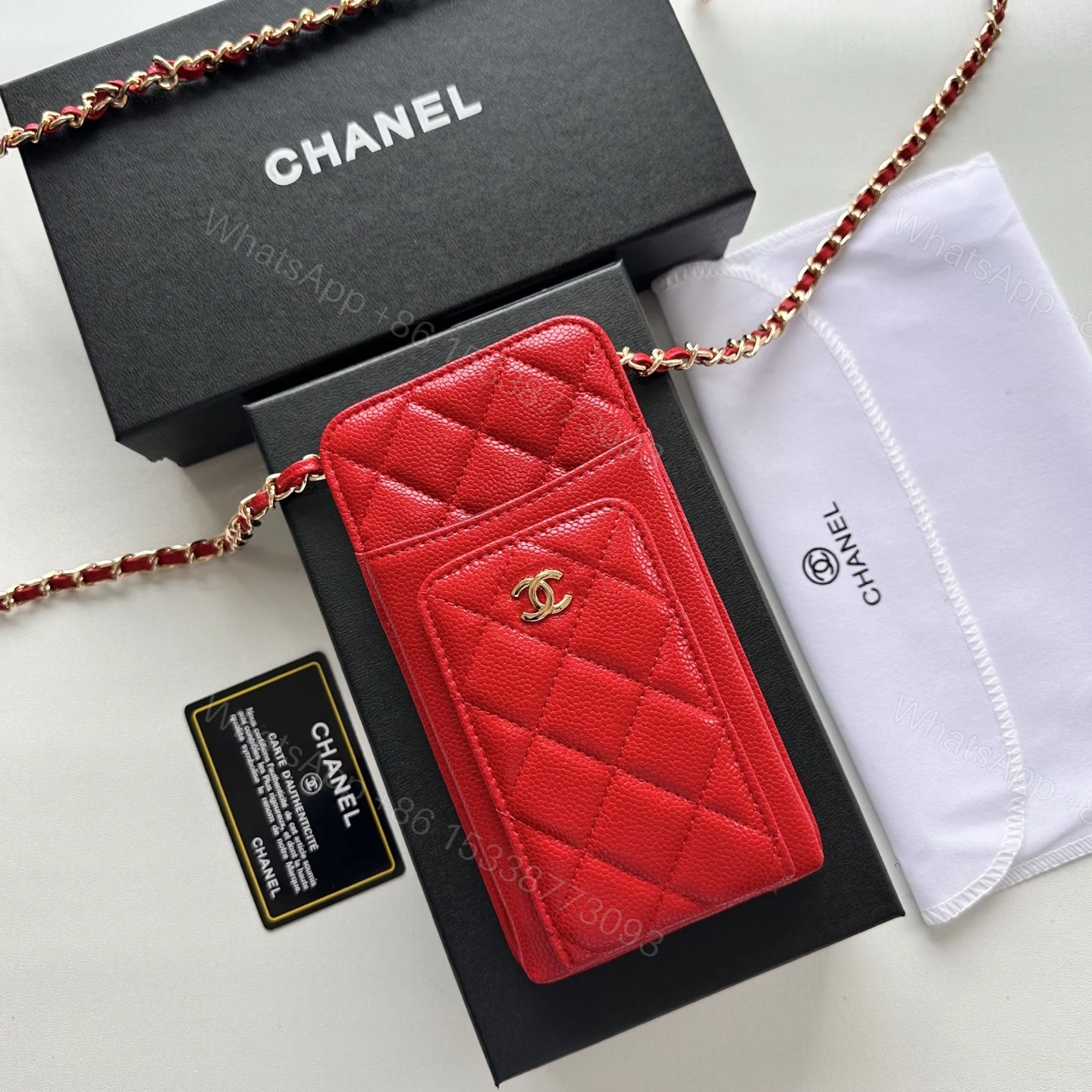 CHANEL 一比一女士斜背手機包 紅色菱格紋小香風鏈條款 — view 1