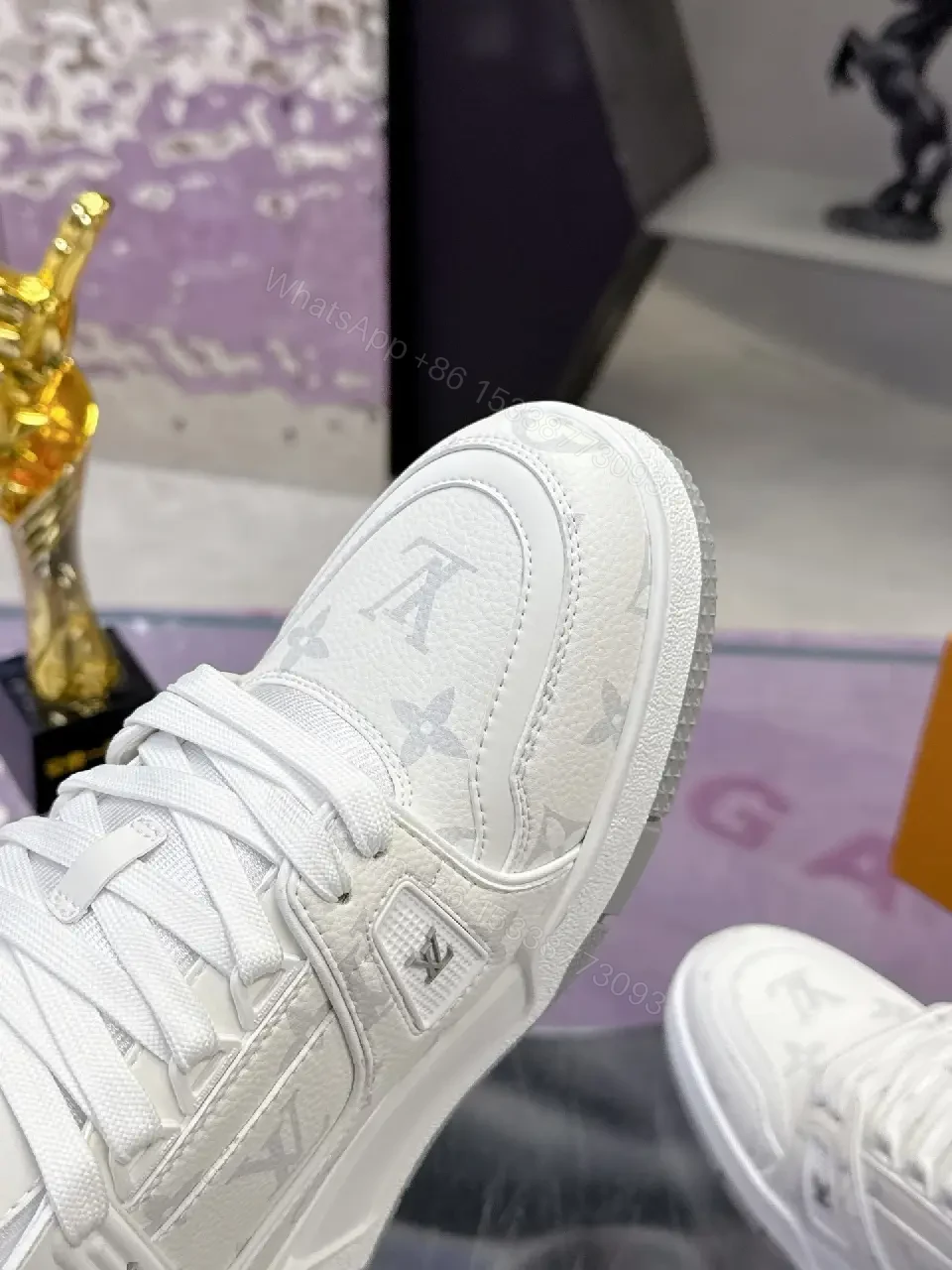 View 2 of White Leather Monogram Luxe Sneaker, All-Day Comfort