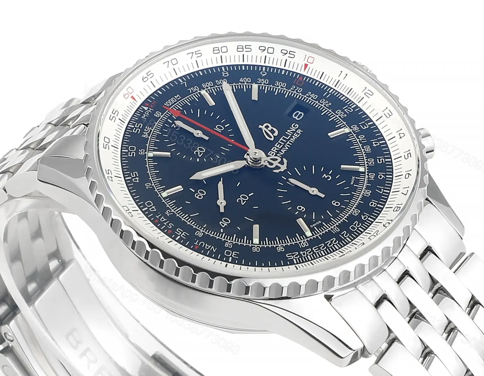 View 4 of OM Factory Breitling Navitimer Chronograph Watch – 43mm, Stainless Steel, Blue Dial, Pilot Style
