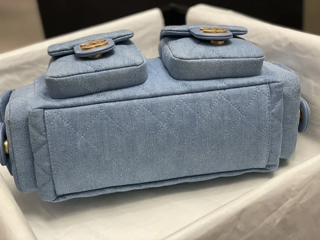 View 6 of Denim Quilted Mini Bag with Gold Chain Handle