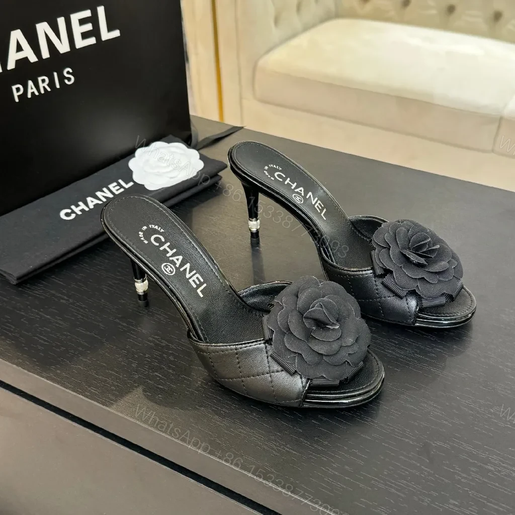 View 2 of Floral-Accent Black Leather Mules—Couture-Inspired Comfort