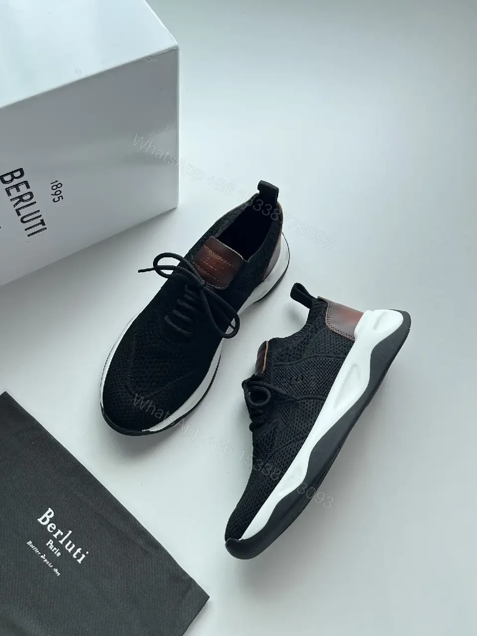 View 6 of Black knit sneakers with leather trim for everyday luxury and comfort