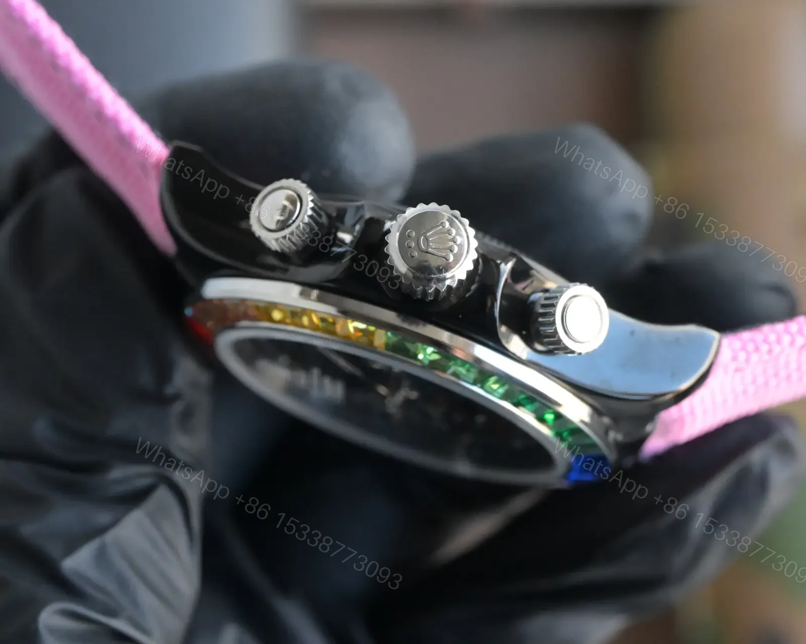 View 5 of Premium Rolex Daytona Rainbow Skeleton Pink Strap replica 40MM Fabric Strap Edition RG-DAYTONA-RAINBOW-SKELETON-PINK-STRAP-40