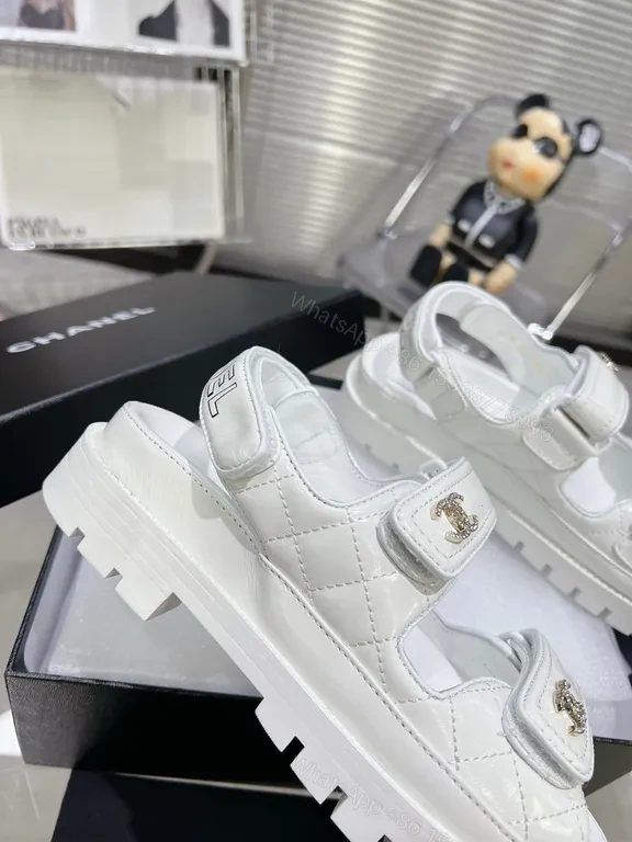 View 9 of White Leather Velcro Sandals with Chanel-Inspired Hardware