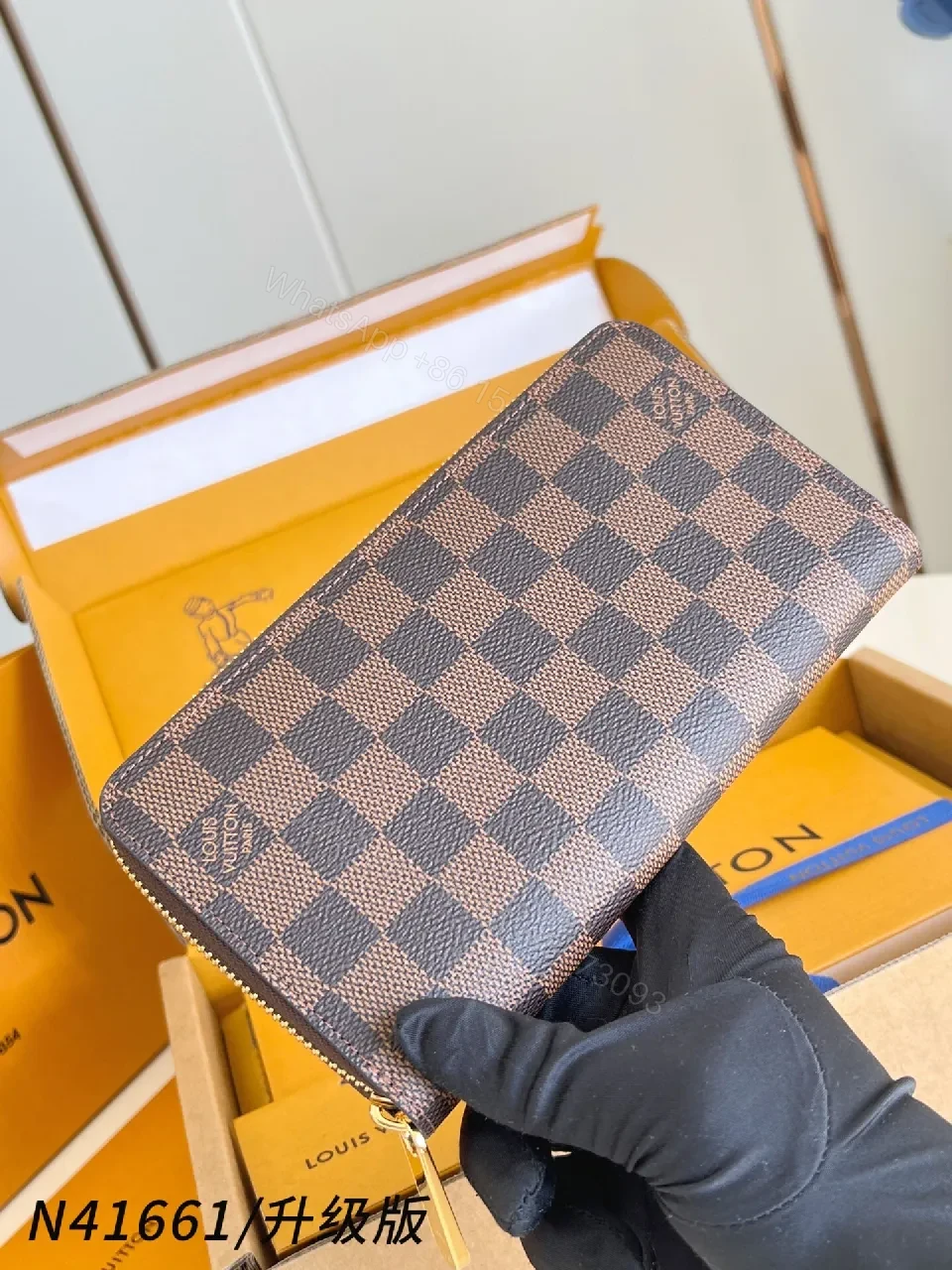 View 3 of Checkerboard Luxe Wallet — Damier Canvas, Zip Closure, Gold Accents