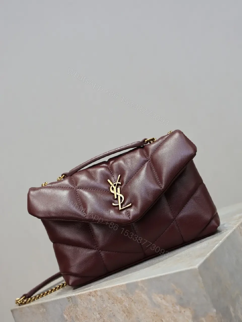 View 5 of Quilted Burgundy Leather Shoulder Bag with Gold Hardware