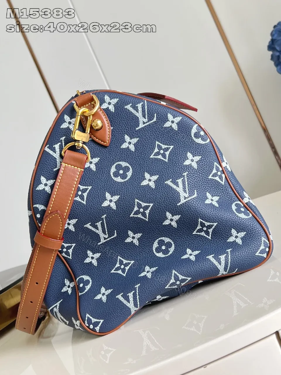 View 4 of Structured Luxe Carryall: Navy Monogram Tote with Cognac Leather