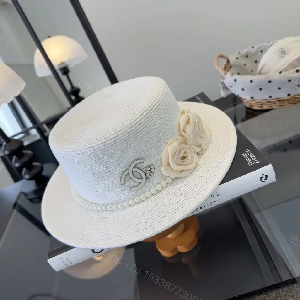 View 6 of White Straw Hat, Elegant Chic Fedora, Pearl Band, Roses, Chanel Charm, Wide-Brimmed Hat