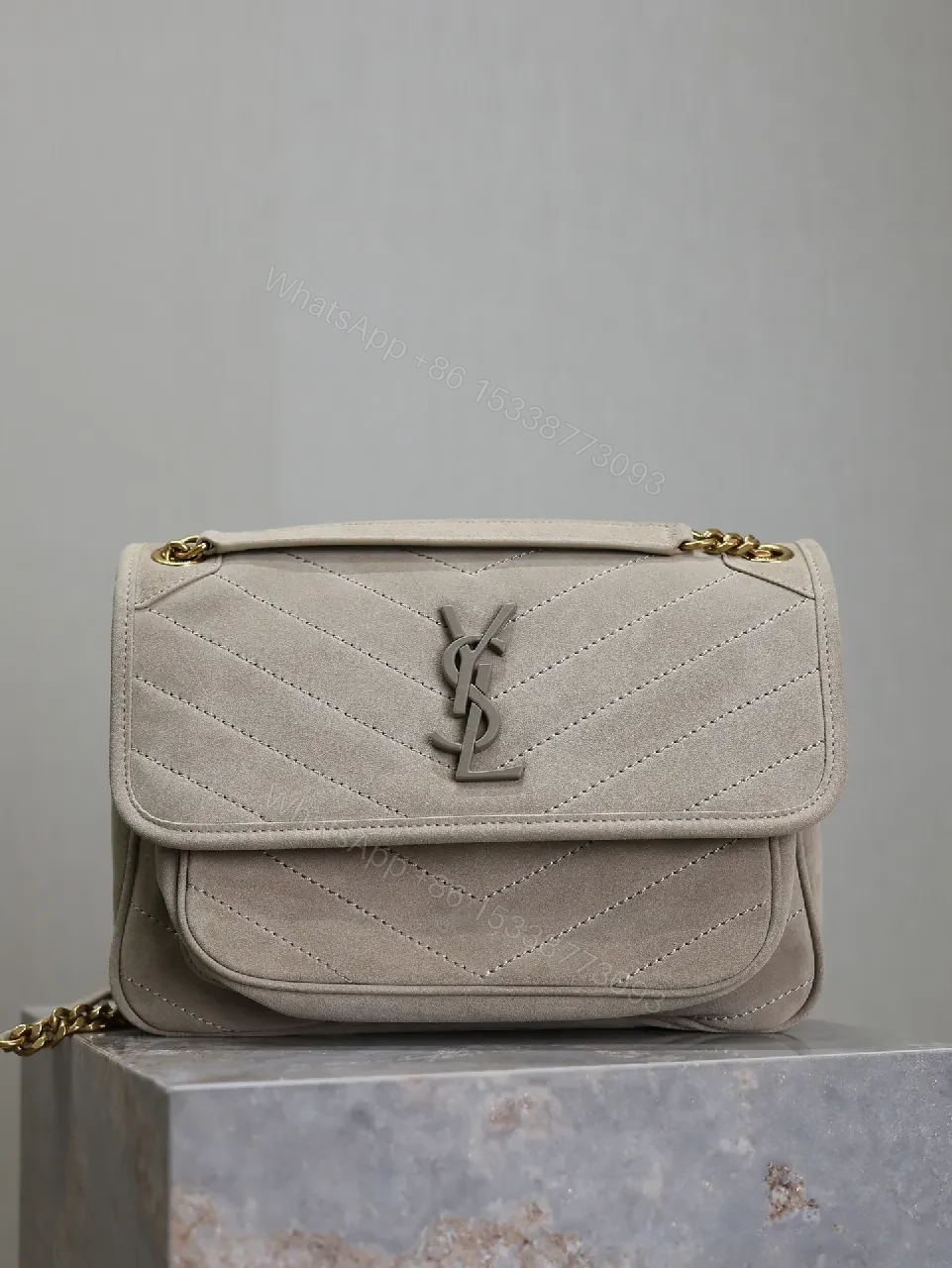 Taupe Quilted Crossbody Bag - Suede-Feel, Chevron + Icon Hardware — view 1