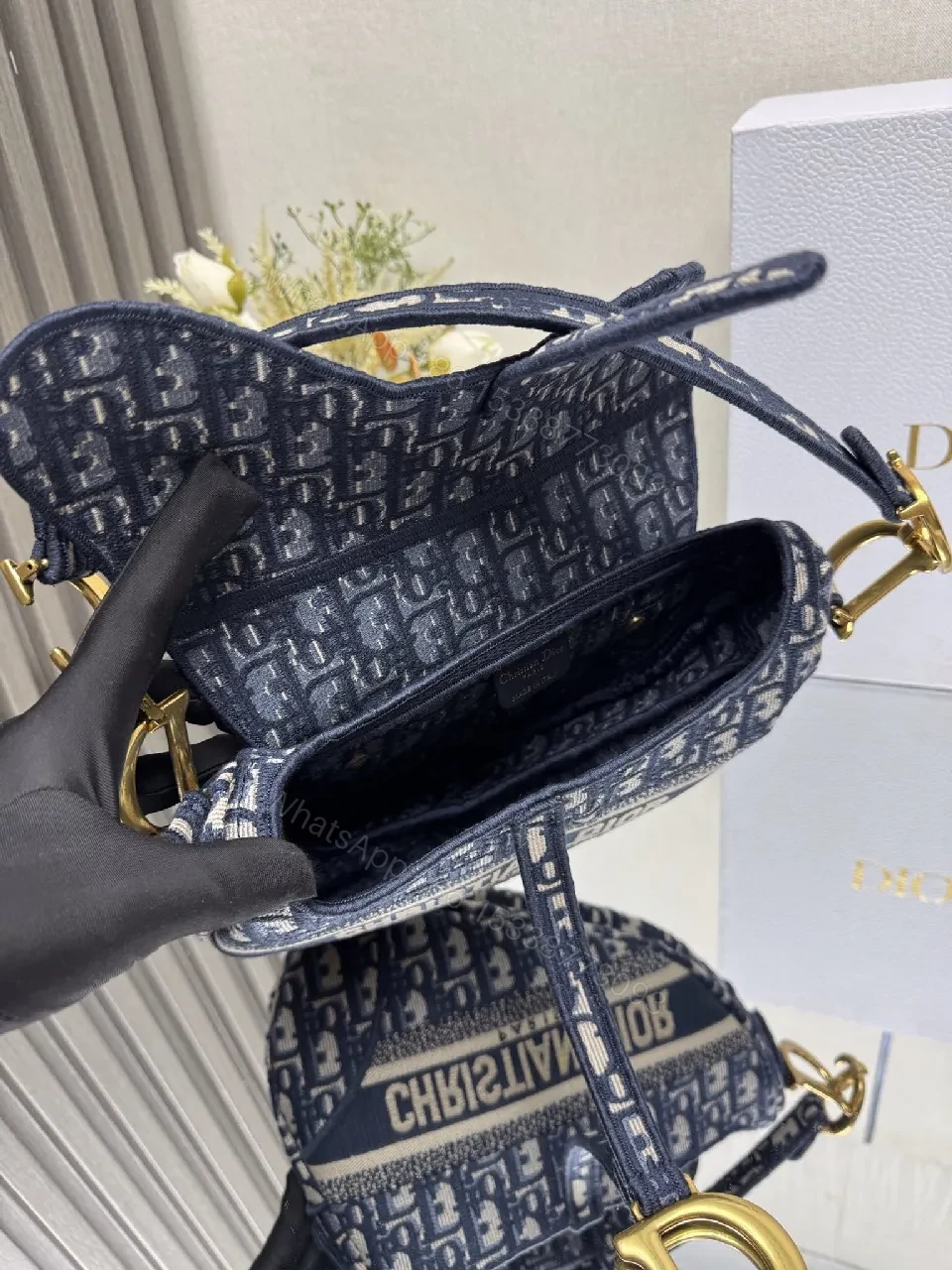 View 8 of Patterned Monogram Crossbody Bag - Navy, Luxe Fabric, Structured, Versatile Carryall