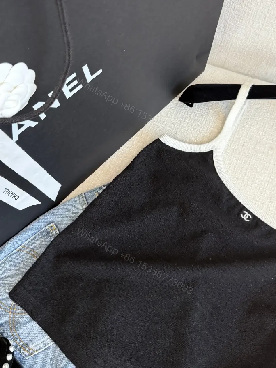 View 2 of Black Top with White Trim Sleeveless Camisole - Chanel Logo Detail