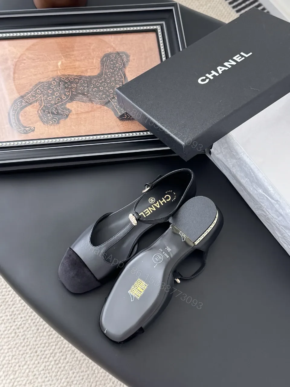 View 8 of Black Leather Slingback Heel with Pearl Trim