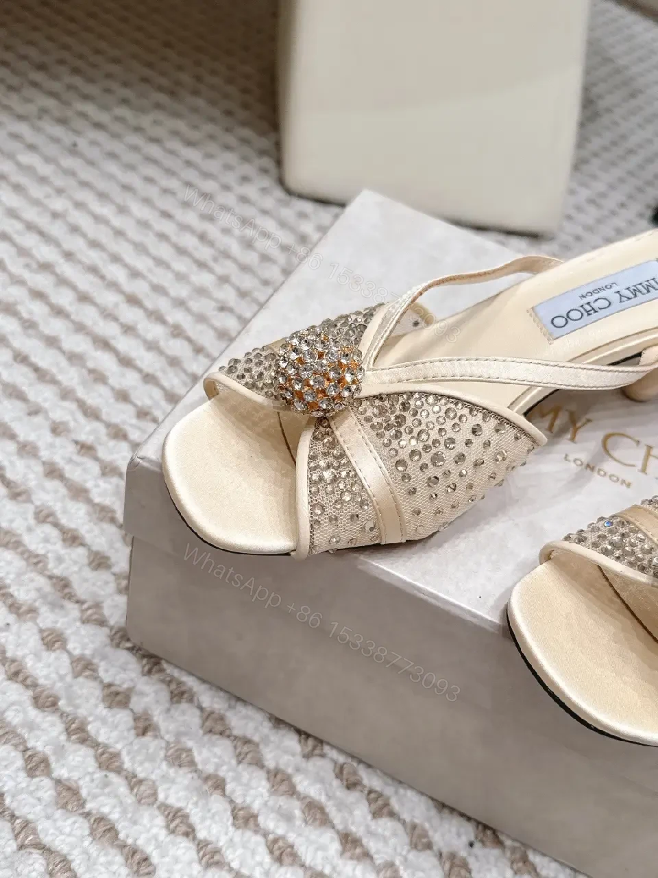 View 2 of Cream satin crystal-embellished kitten-heel sandals for luxury occasions