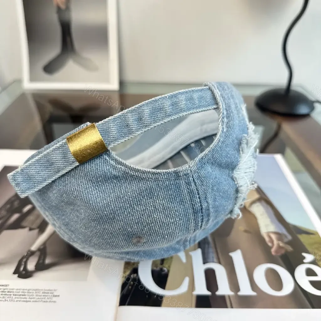 View 2 of Blue Denim Cap Distressed Crown / White Embroidered Text Cap