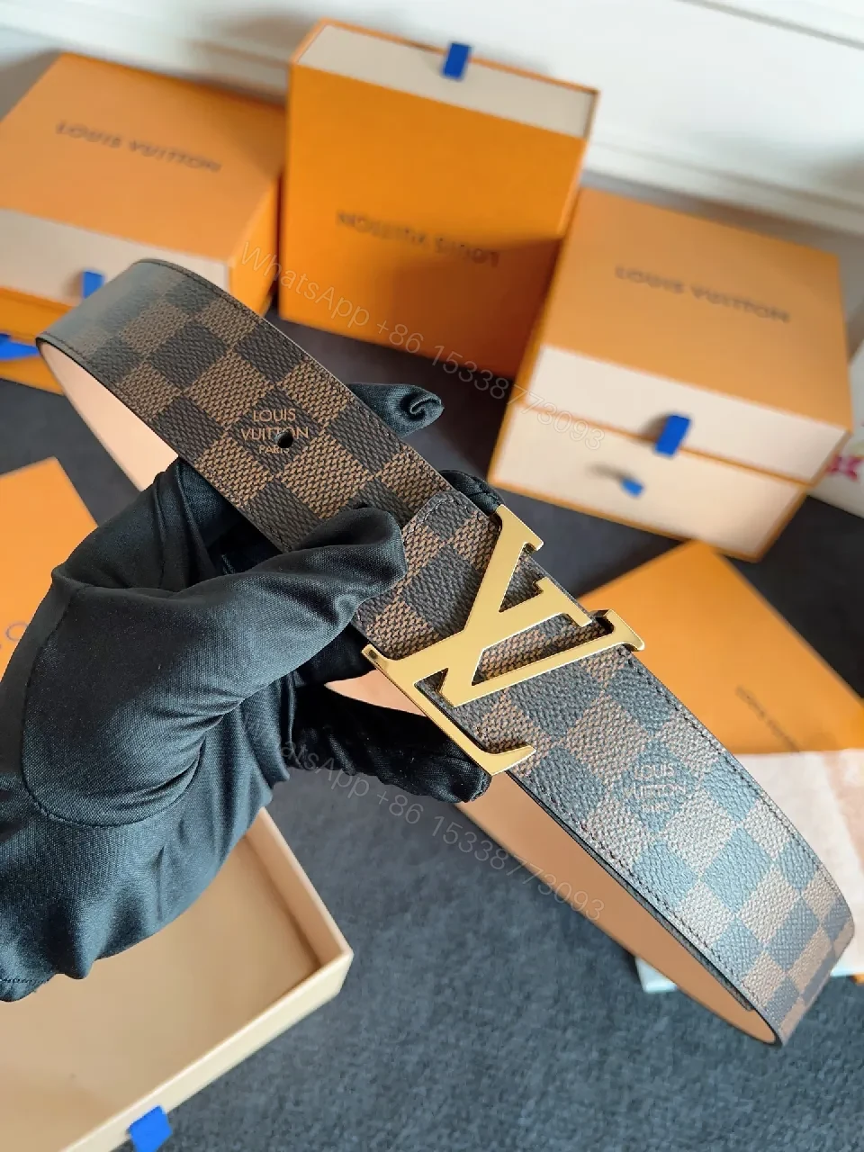 View 6 of Damier Pattern Belt: Gold Buckle, Adjustable, Luxury-Style Accessory