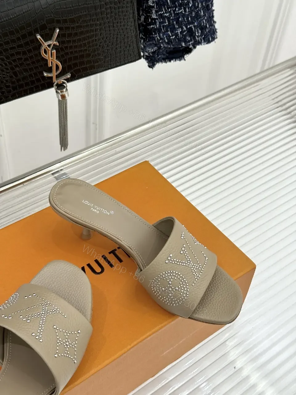 View 9 of Textured Taupe Slip-On Sandals – Lux Comfort, Subtle LV Style
