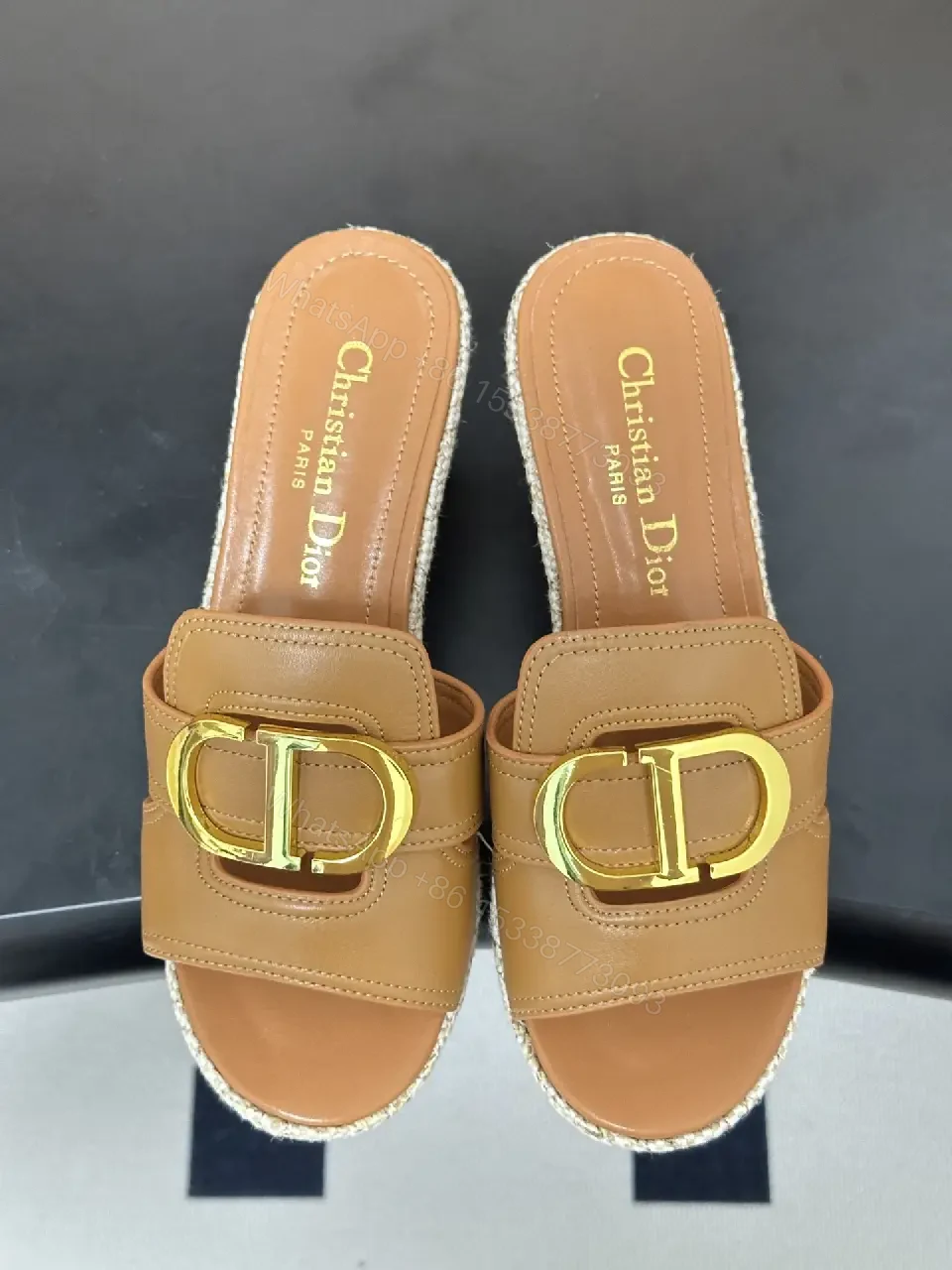 View 4 of Beige Leather Espadrille Wedge Sandals with Gold Buckle, Christian Dior Style