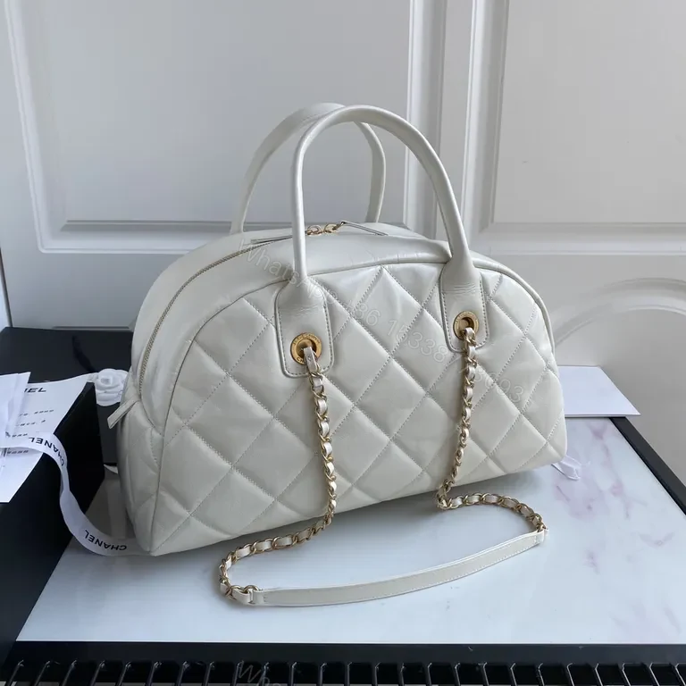 View 9 of White Quilted Weekend Bag: Gold Chain, CC-Inspired Luxury
