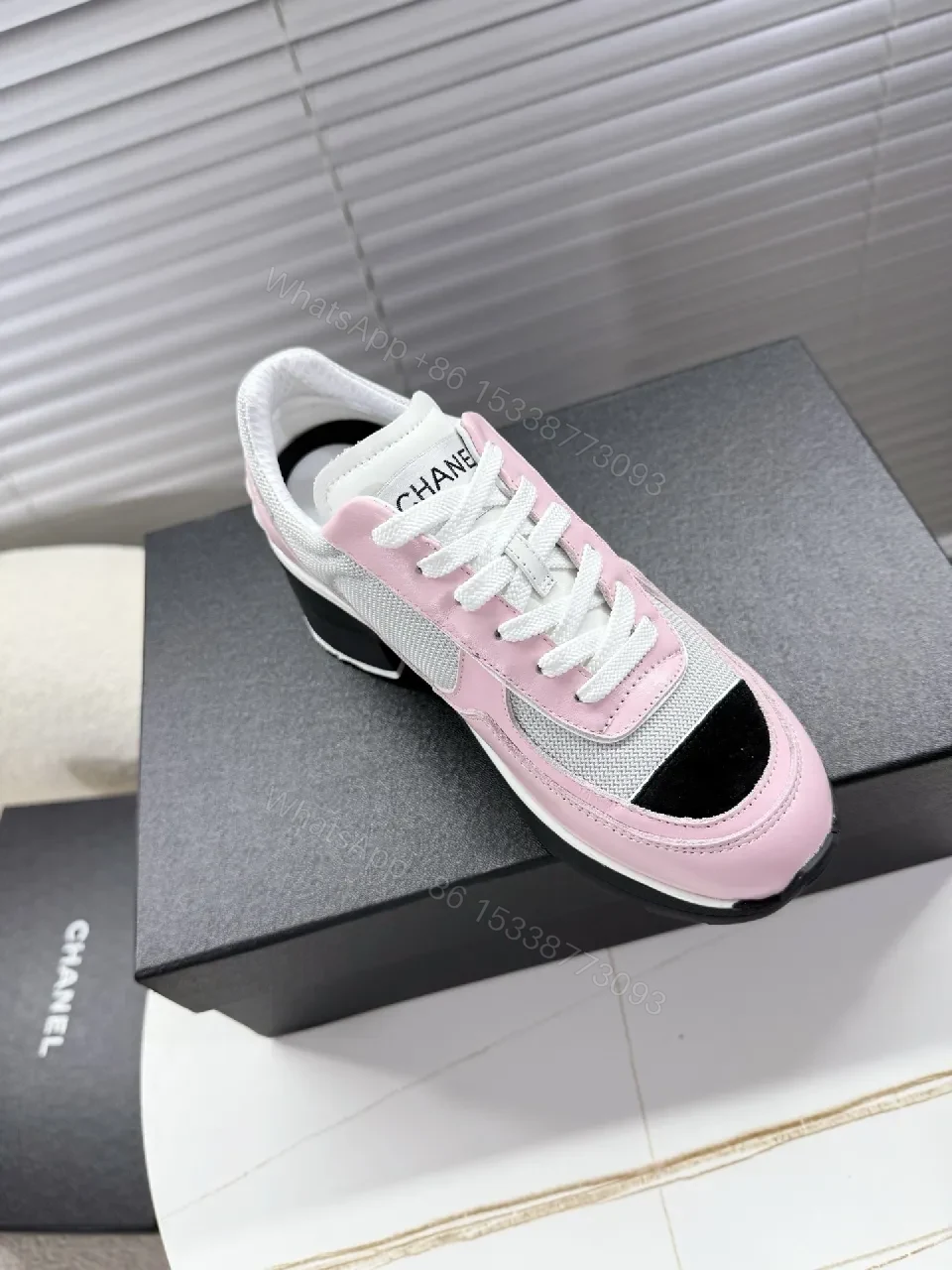 View 5 of Pastel Pink Suede-White Mesh Sneaker with Black-Toe Cap