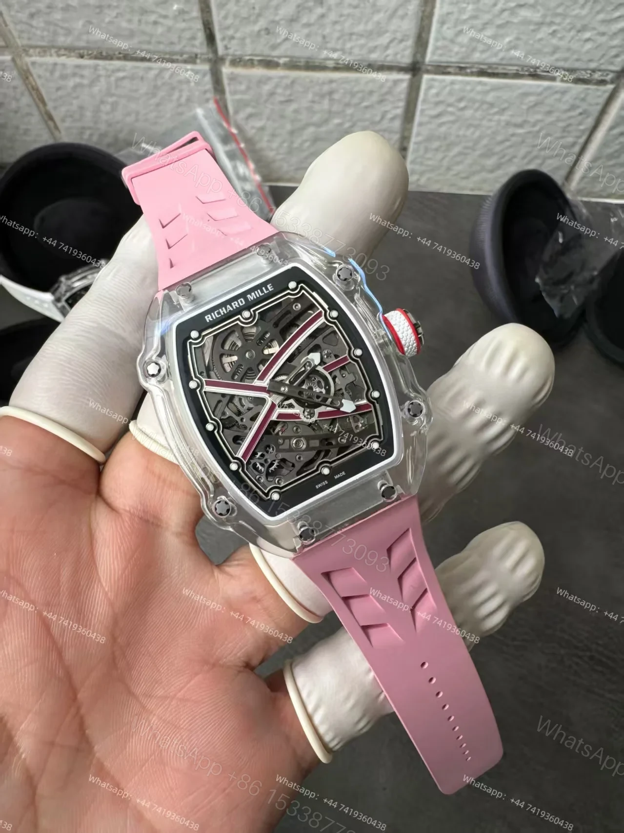 View 4 of Super Clone Richard Mille RM67-02 Sapphire Crystal Skeleton Tourbillon 1:1 Replica Watch with Pink Rubber Strap
