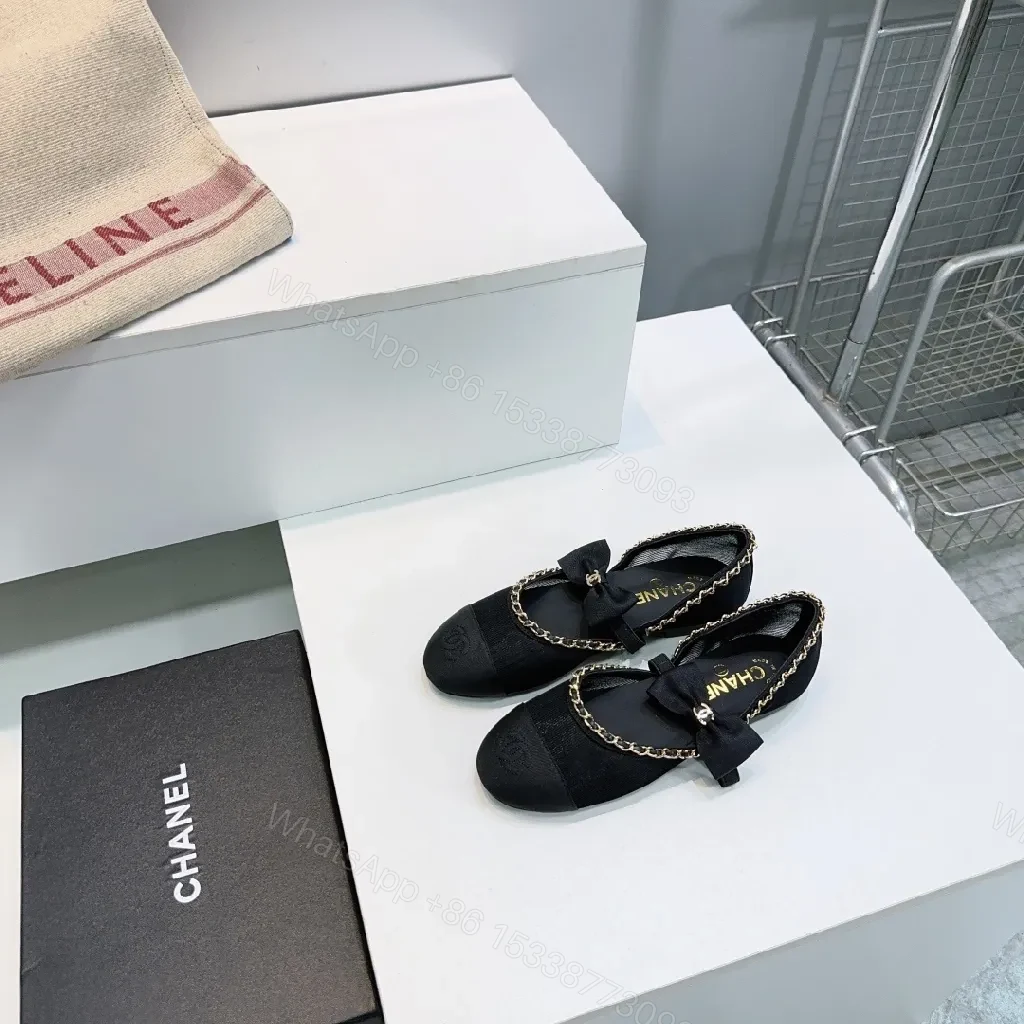 Black Satin Bow Flat with Gold Chain Detail, Slip-On Ballet Flat — view 1