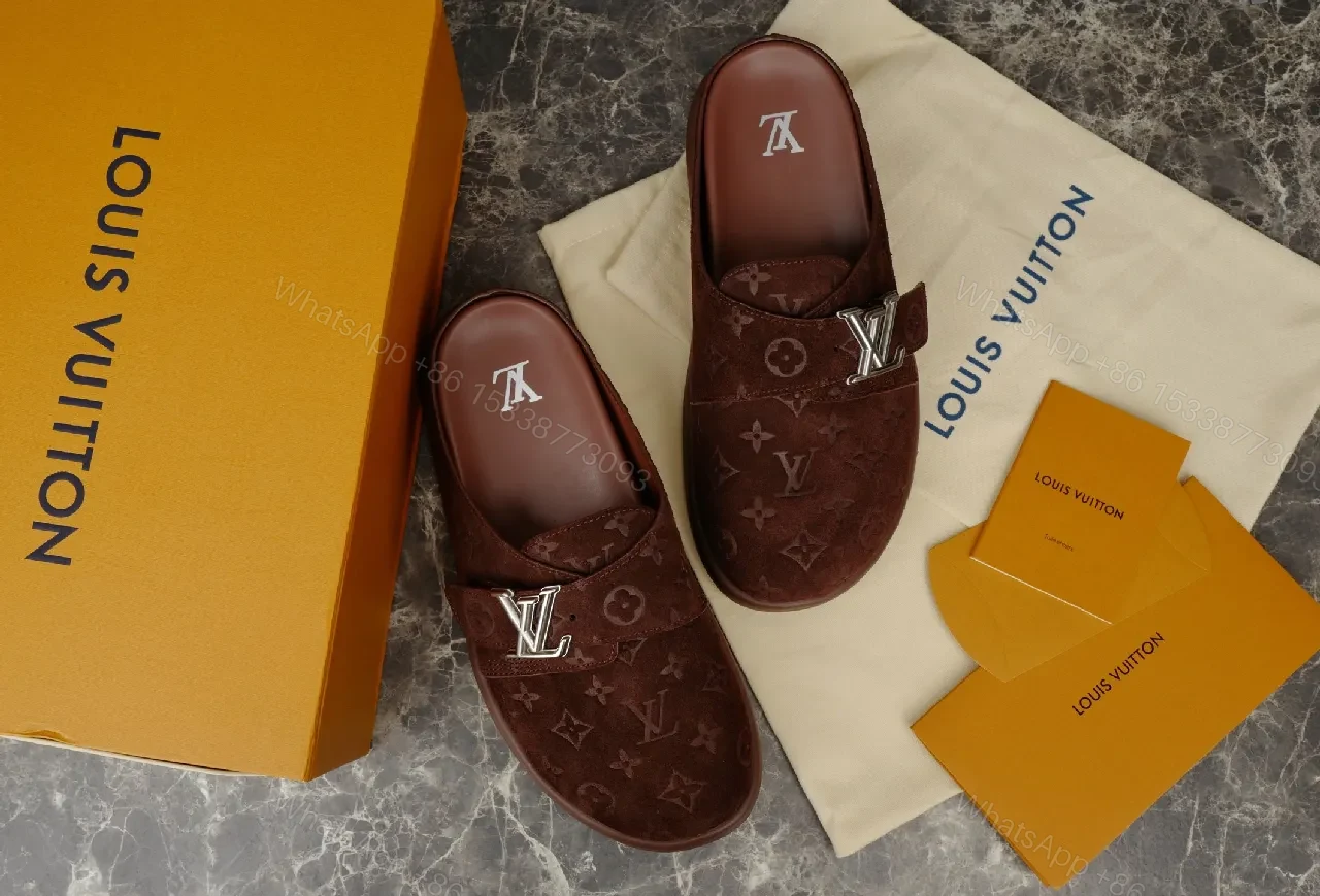 View 3 of Brown Monogram Slide-On Mules with Silvertone Hardware