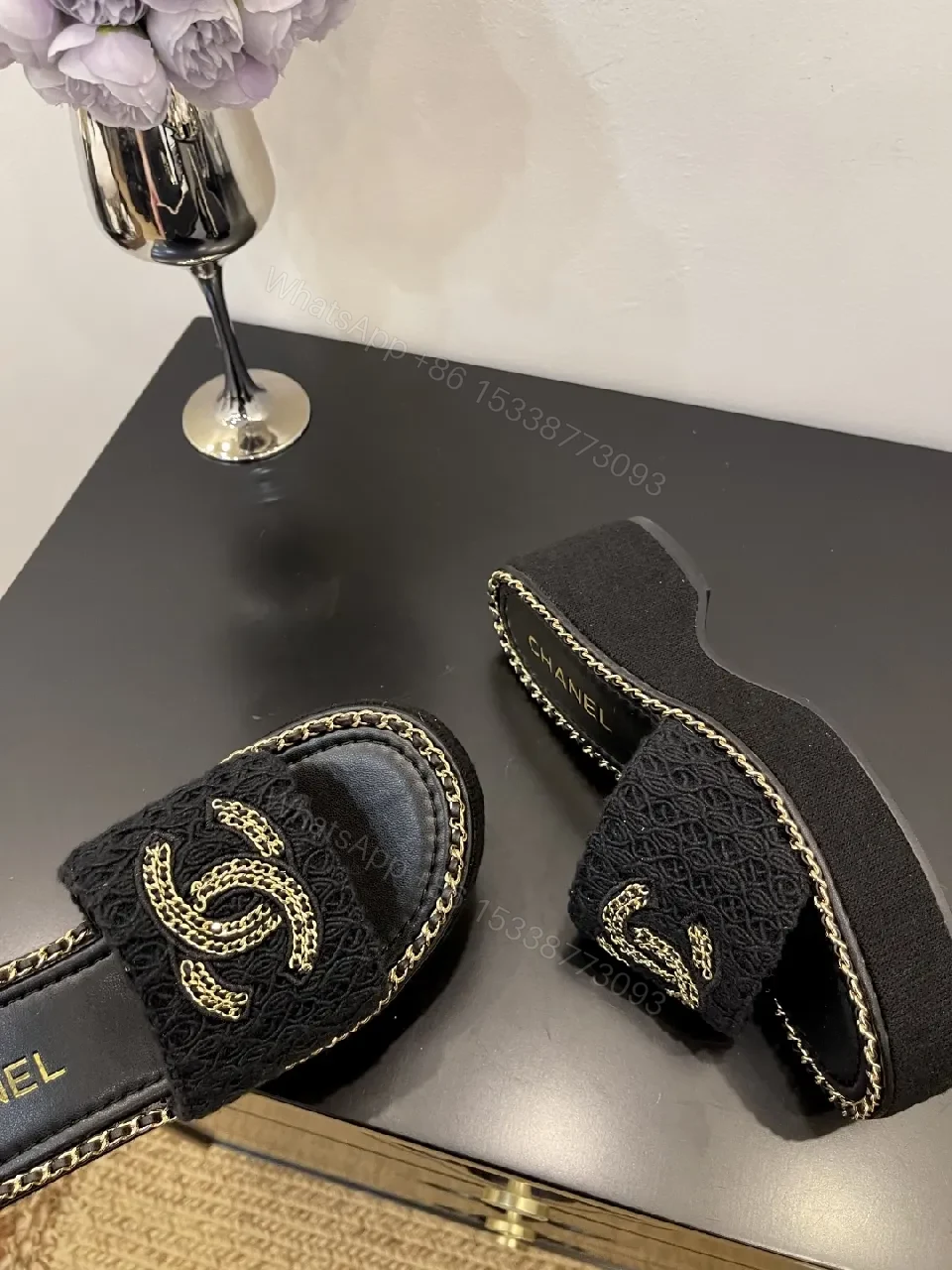 View 6 of Lux Knit Slides with Signature Chain Detailing