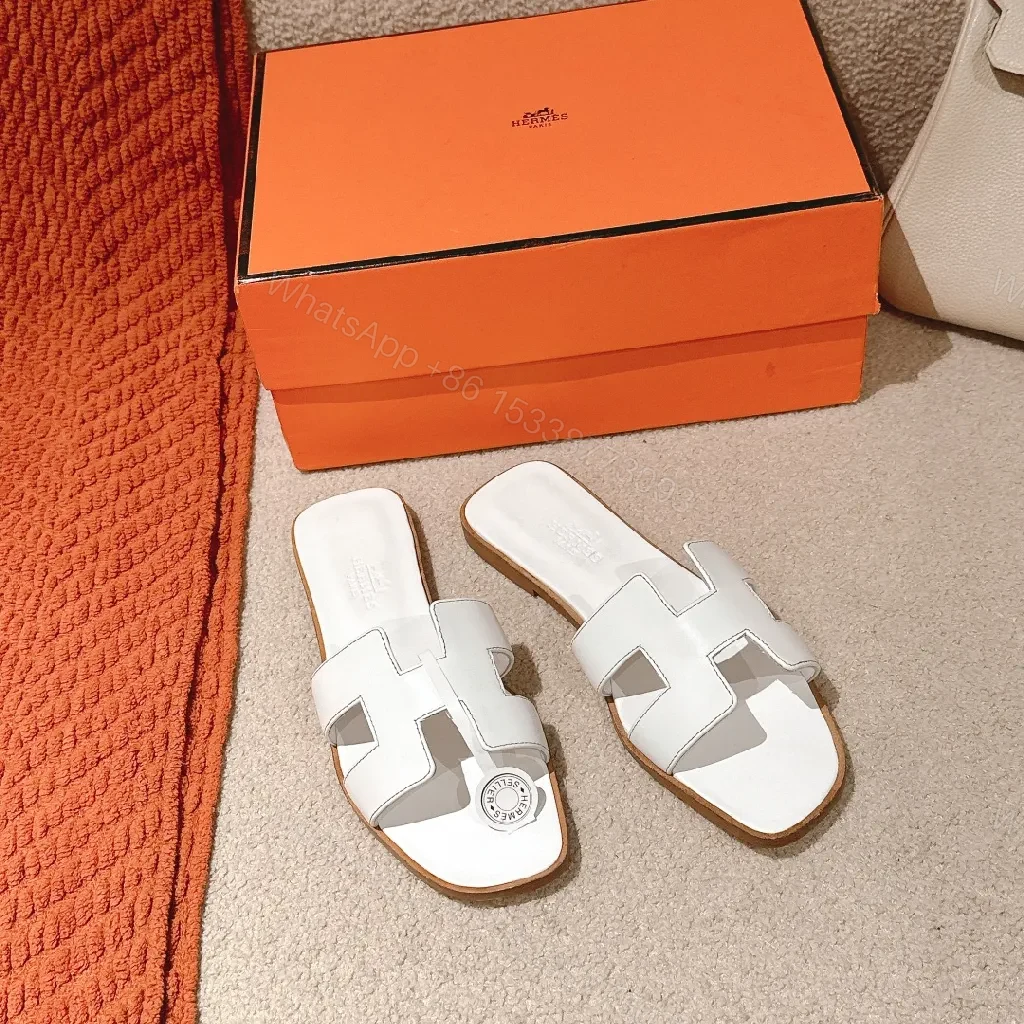 White Leather H-Cutout Sandals - Premium Open-Back Slides — view 1