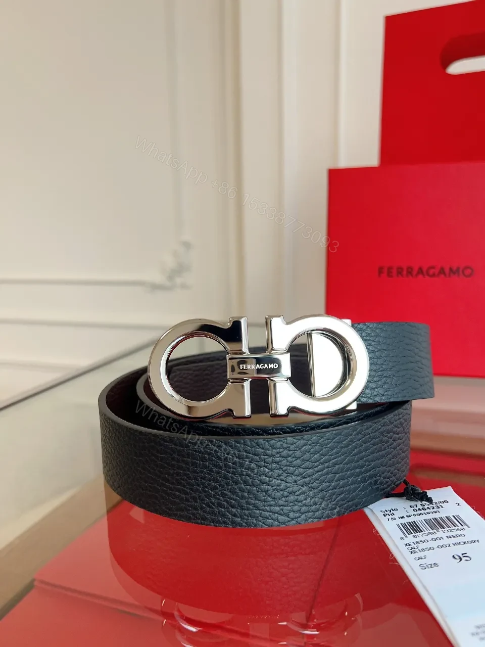 View 2 of Black Leather Belt with Double-Gold Hardware, Modern Architectural Twist