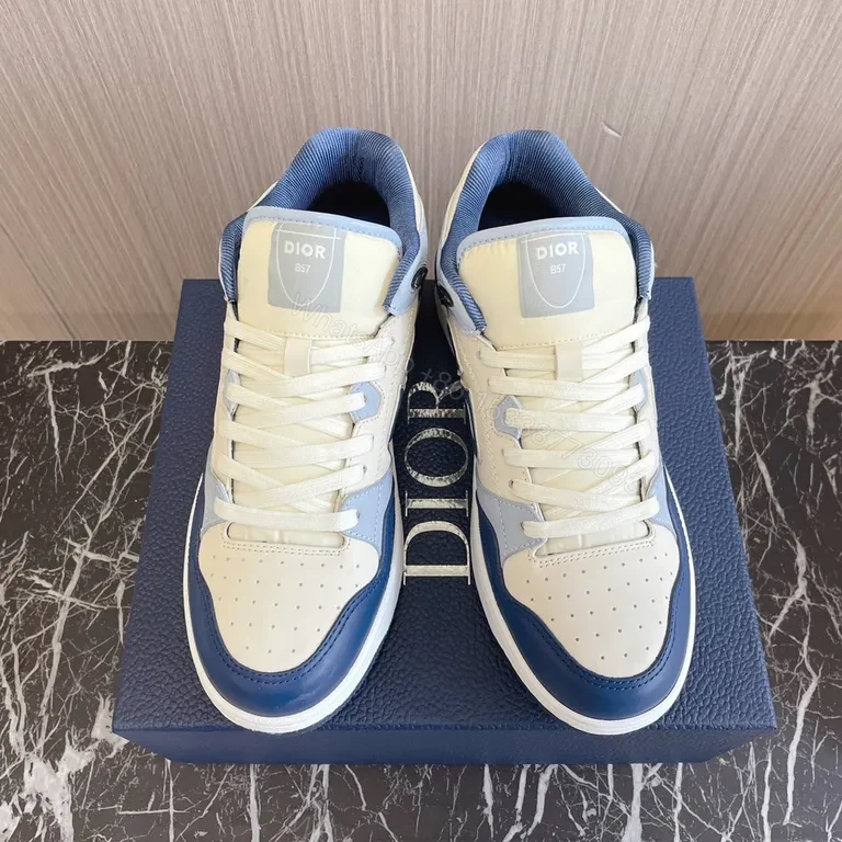 View 2 of Ivory Leather Dior-Inspired High-Top Sneakers with Blue Accents