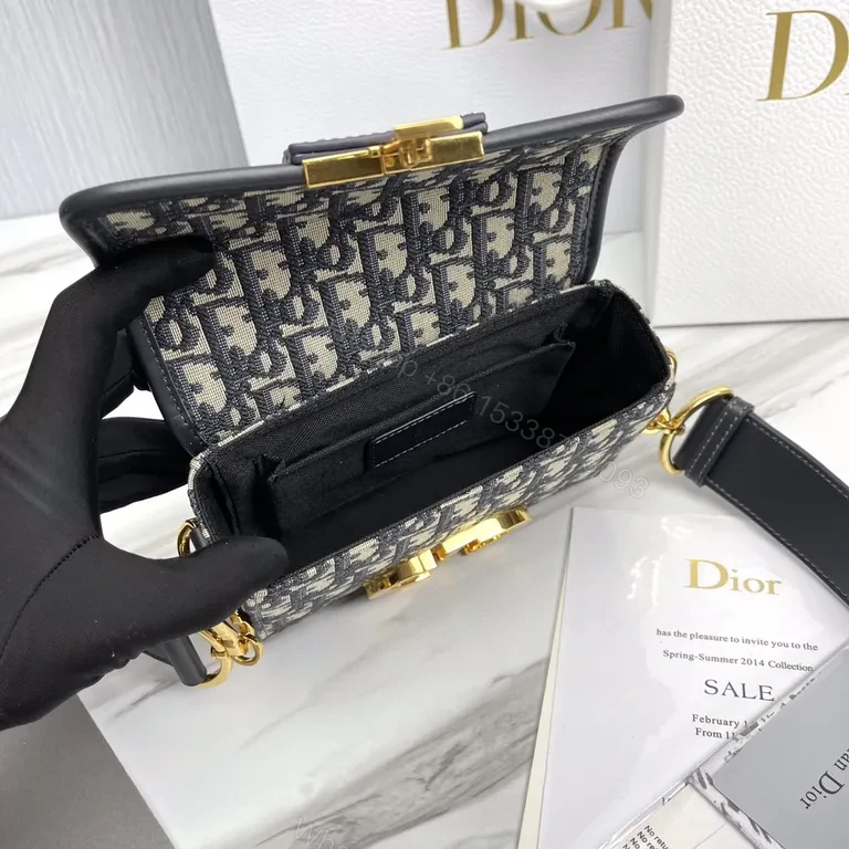 View 9 of Compact Dior-inspired Monogram Crossbody with Gold Clasp, Luxe Leather