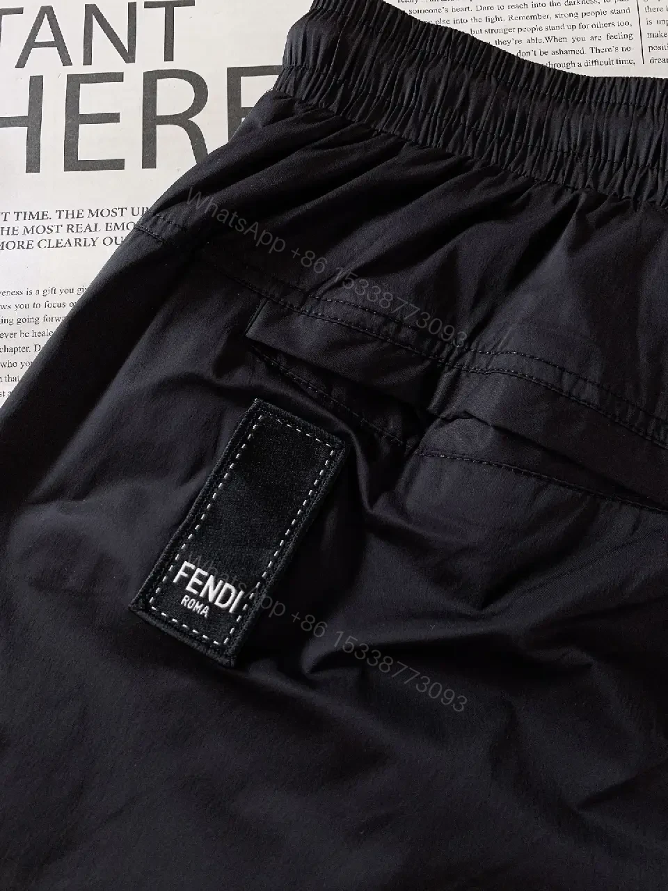 View 2 of Black Nylon Swim Shorts Fendi-Pattern Patch Drawstring Waist Quick-Dry Shorts