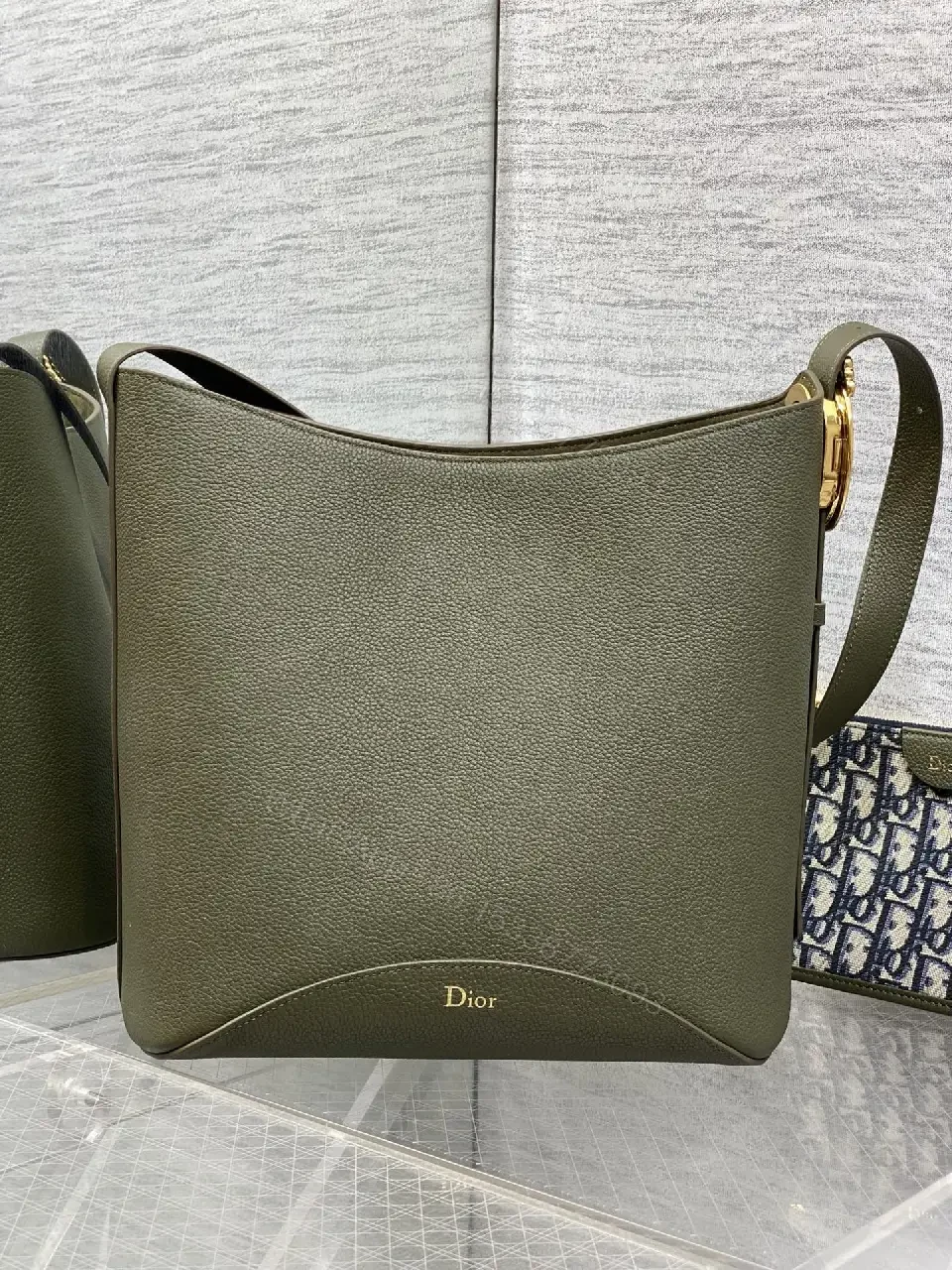 View 8 of Olive Pebbled Leather Satchel with Dior Pattern Card Holder