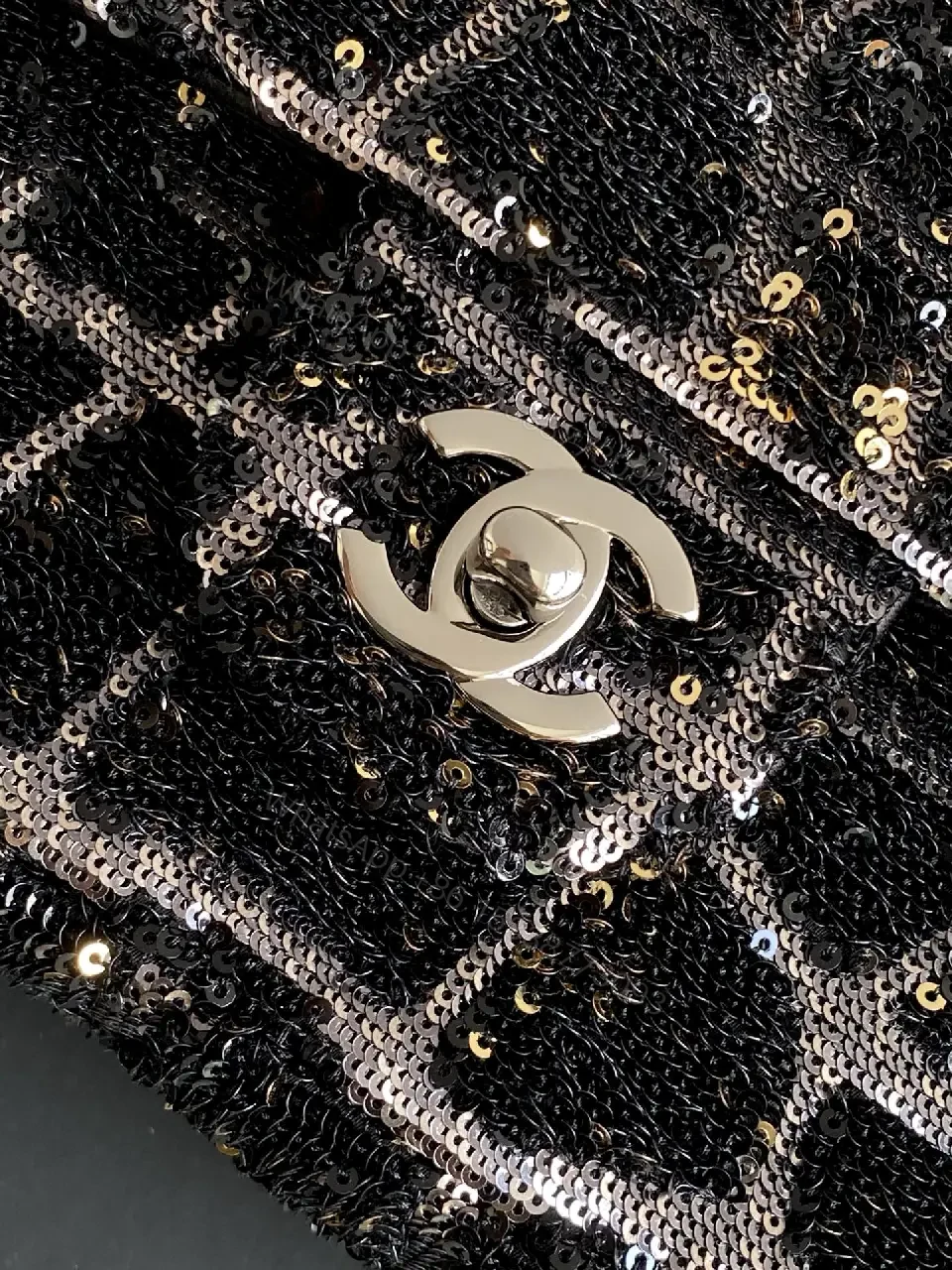 View 2 of Black Tweed Quilted Flap Bag with Silver Chain Strap