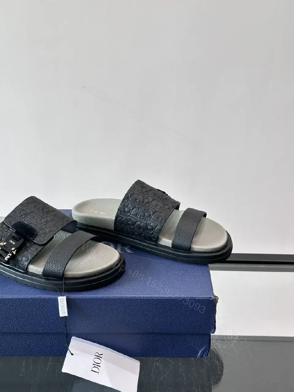 View 2 of Black Leather Dior Sandals with Buckle Feature Sliders
